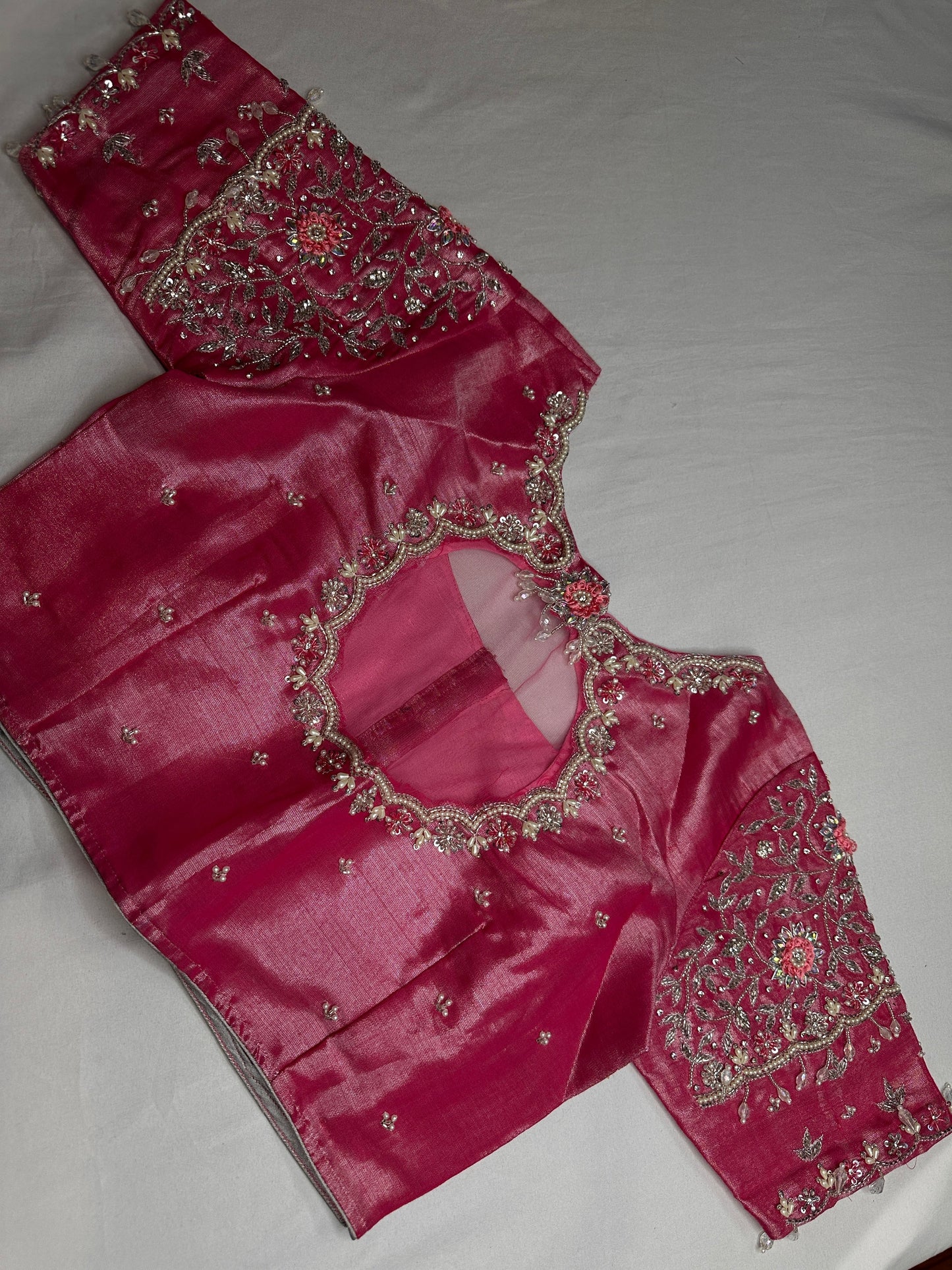 Pink Tissue Silver Kardana Color Maggam Blouse