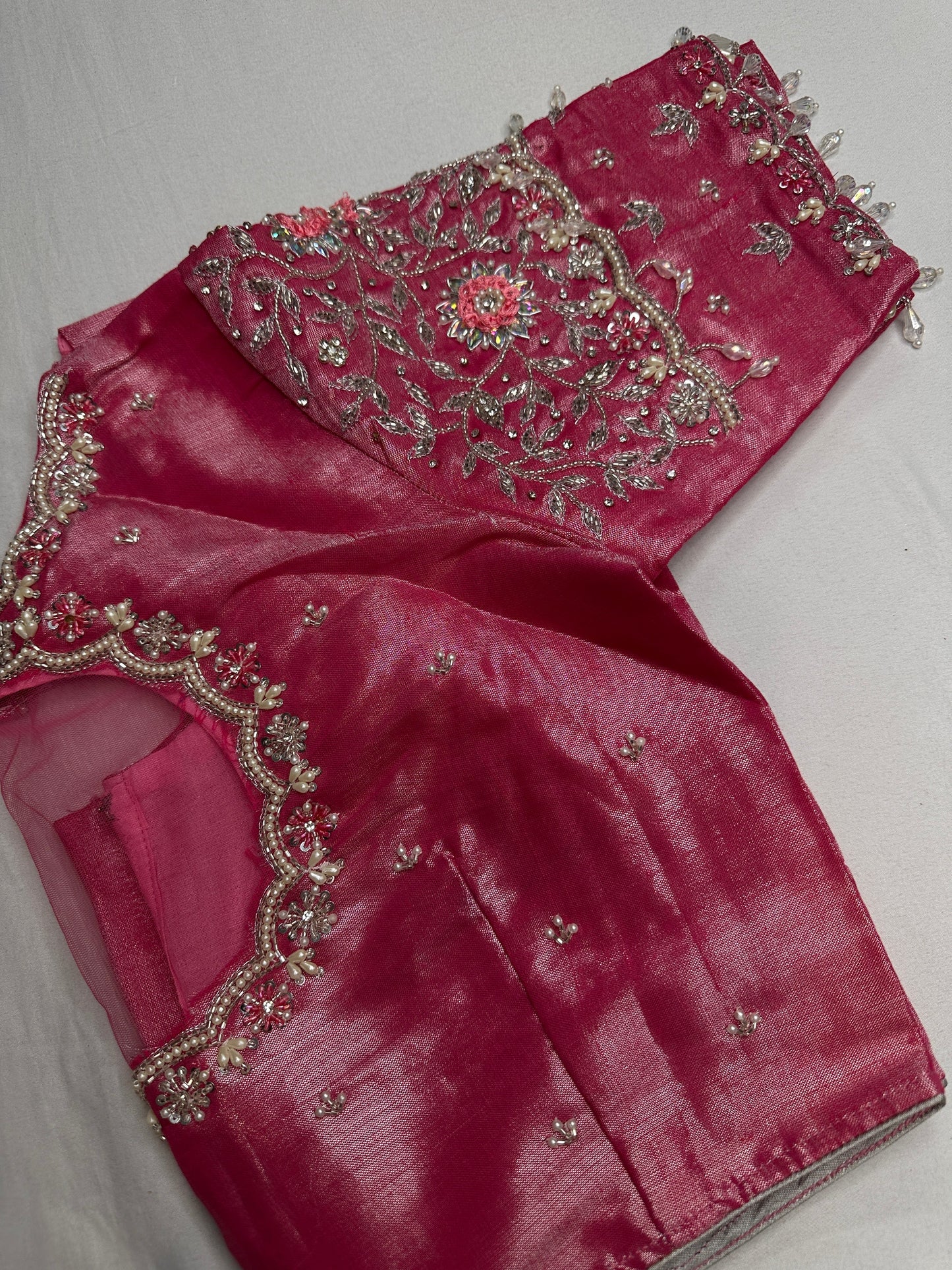 Pink Tissue Silver Kardana Color Maggam Blouse