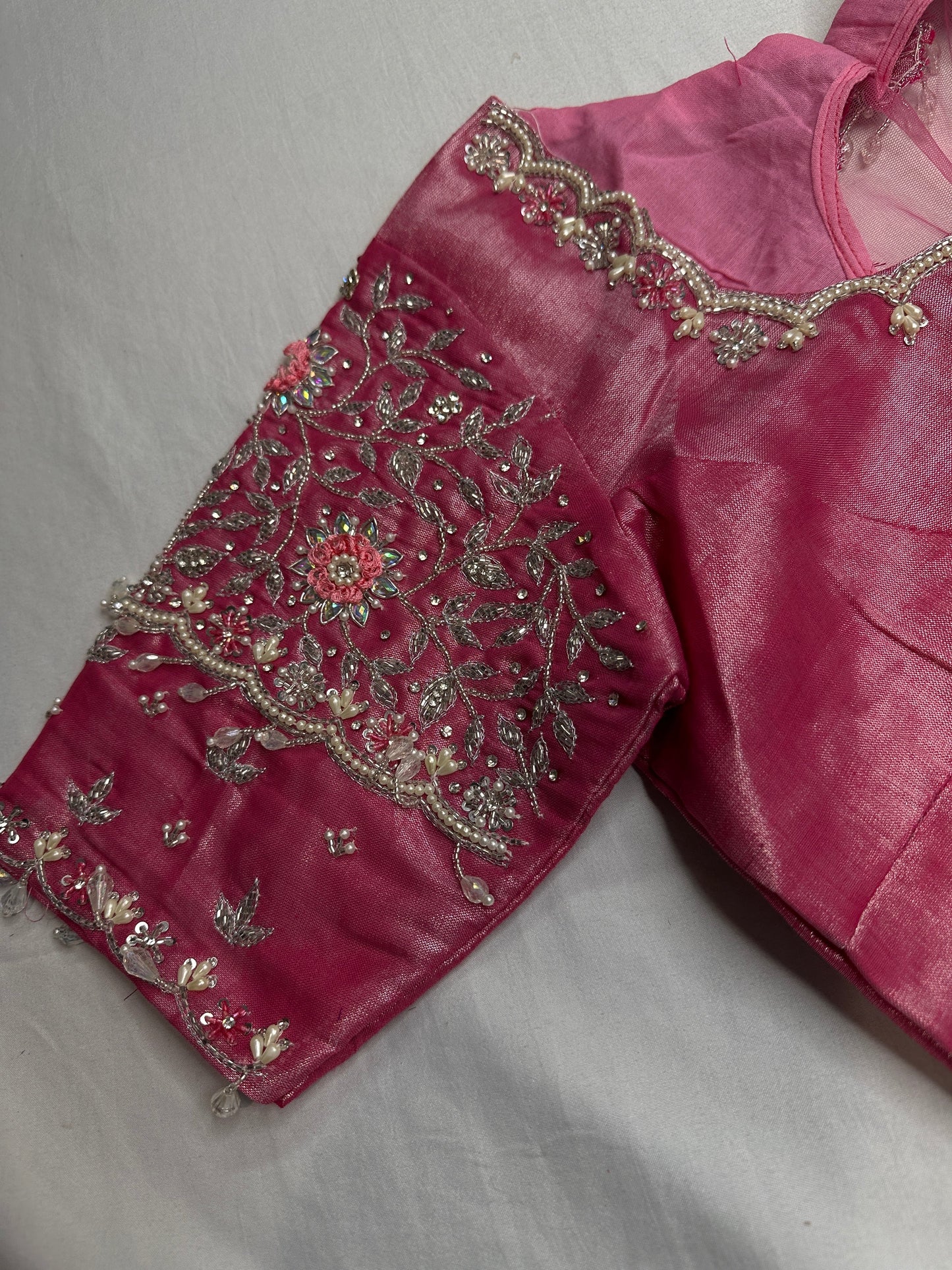 Pink Tissue Silver Kardana Color Maggam Blouse