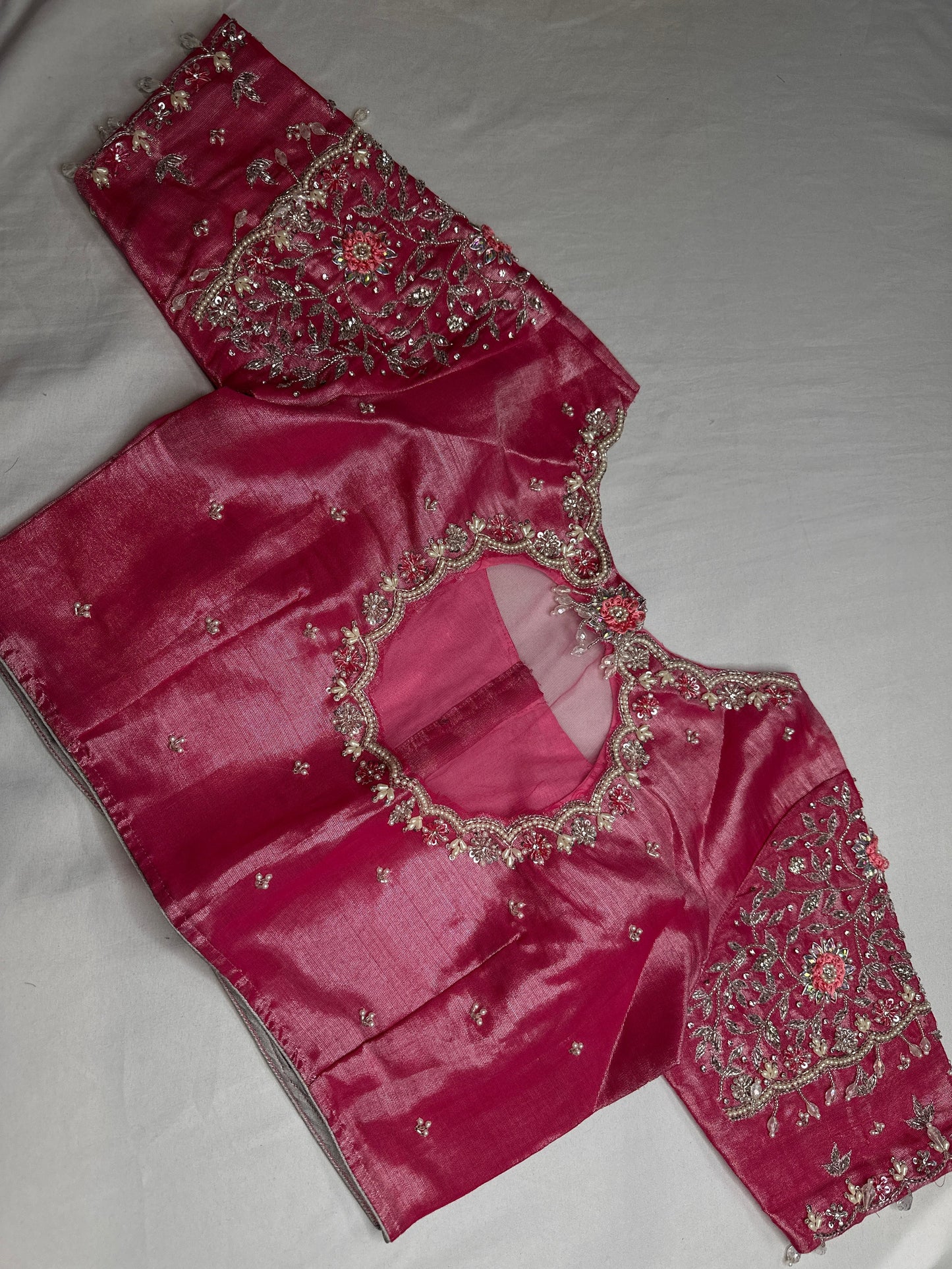 Pink Tissue Silver Kardana Color Maggam Blouse