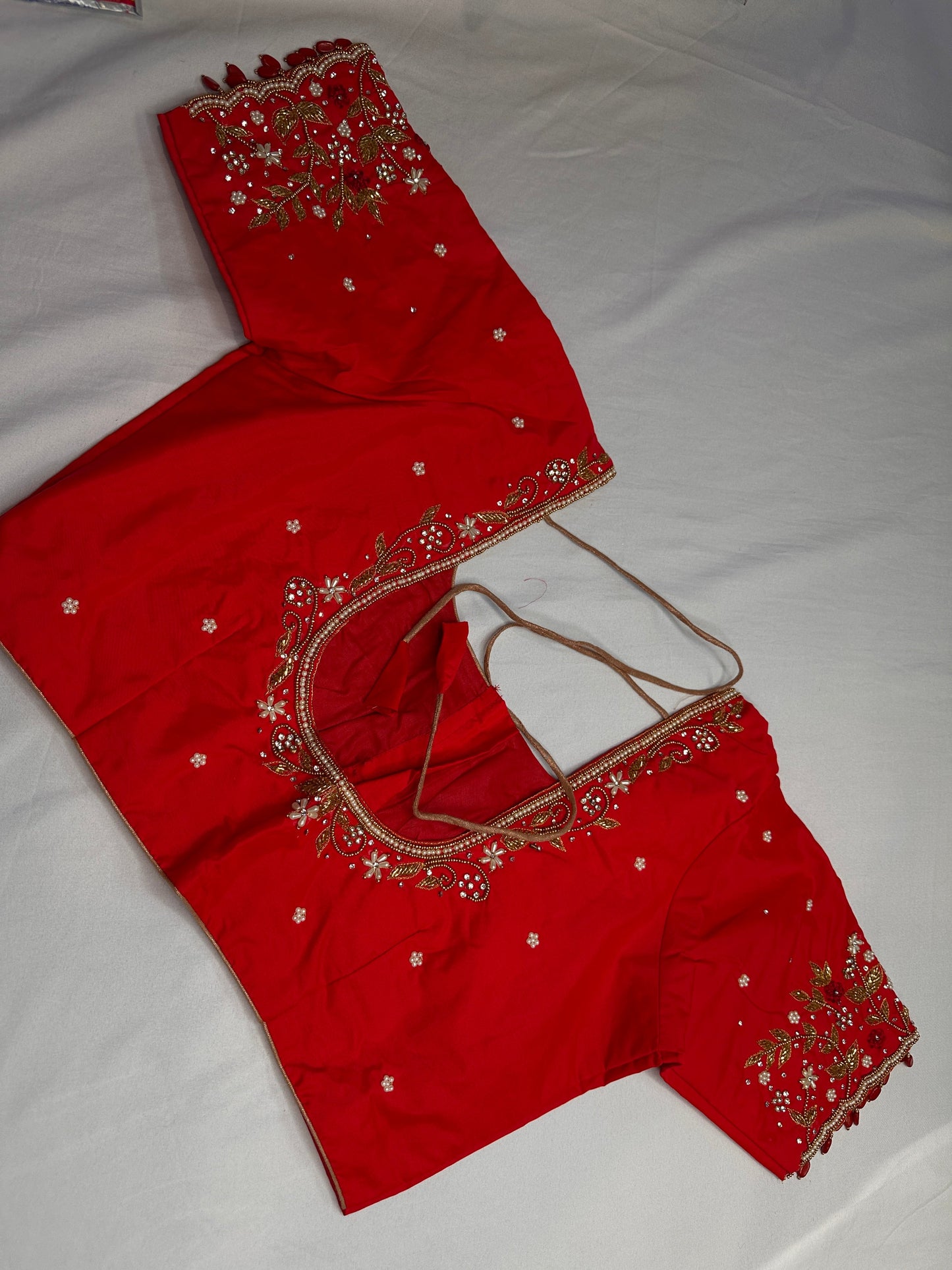 Red Kardana Pearls Maggam Blouse
