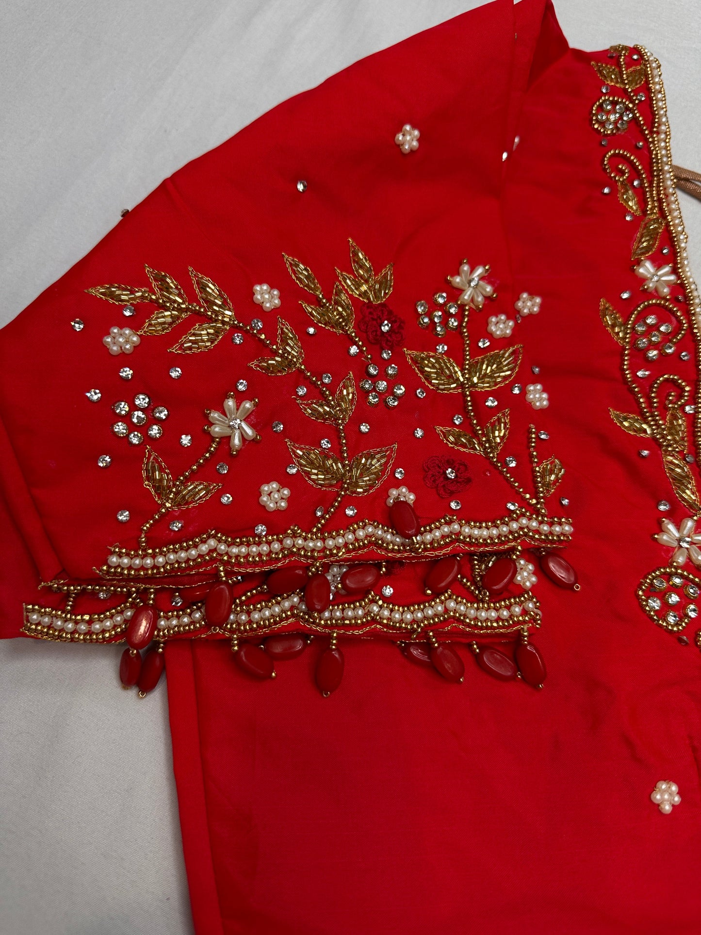 Red Kardana Pearls Maggam Blouse