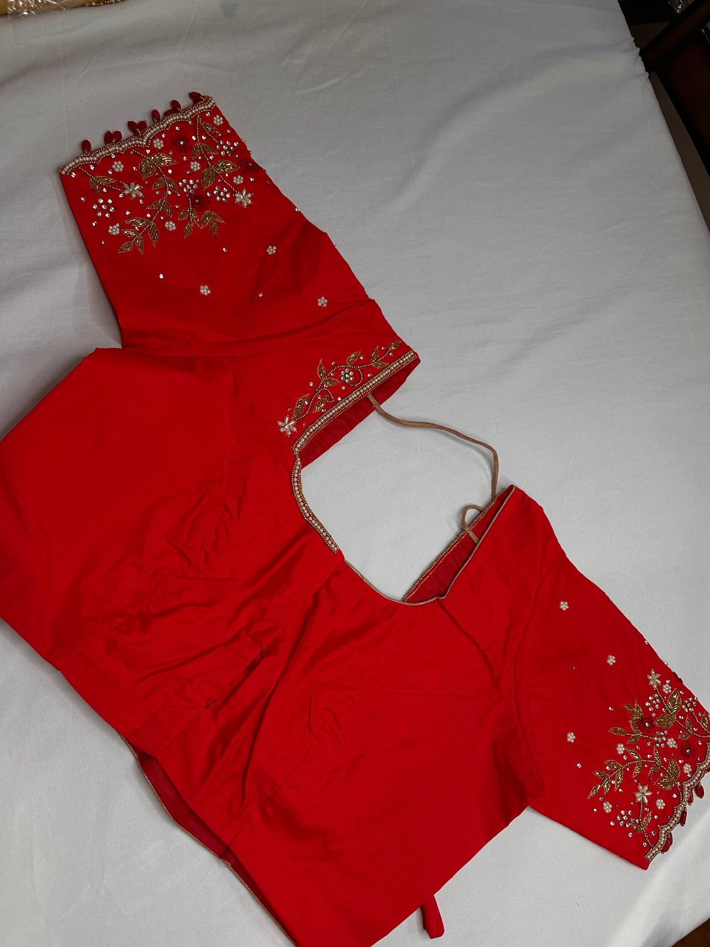 Red Kardana Pearls Maggam Blouse
