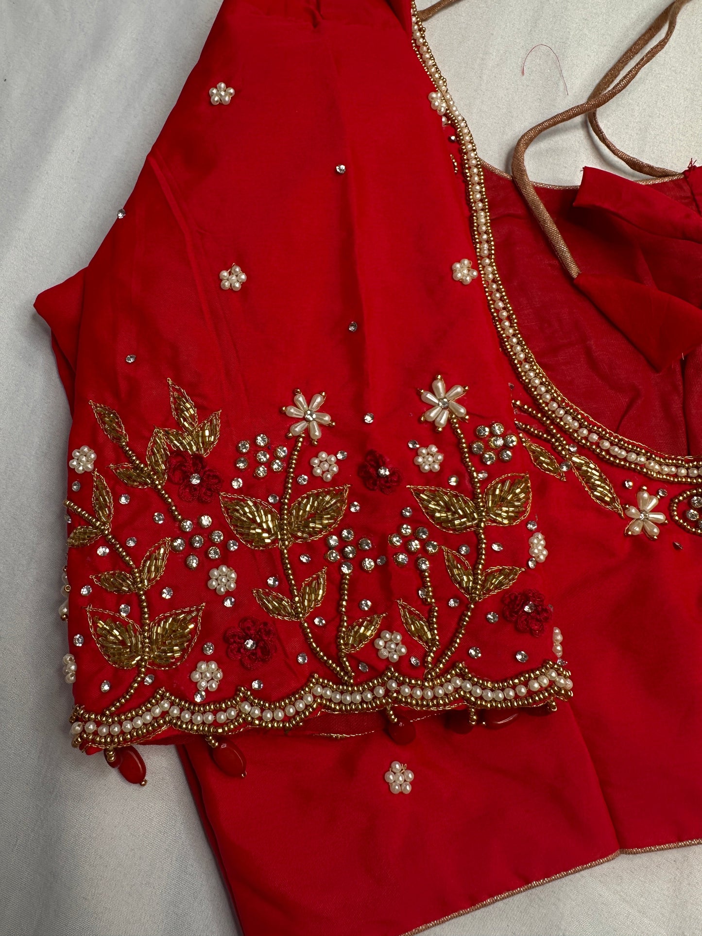 Red Kardana Pearls Maggam Blouse
