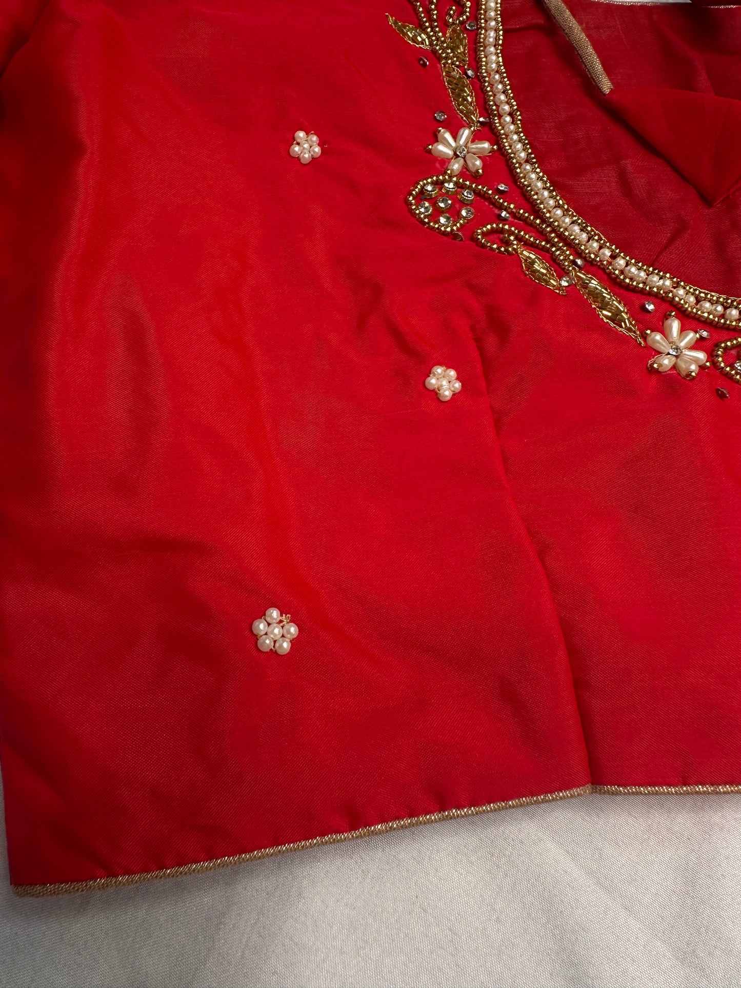 Red Kardana Pearls Maggam Blouse