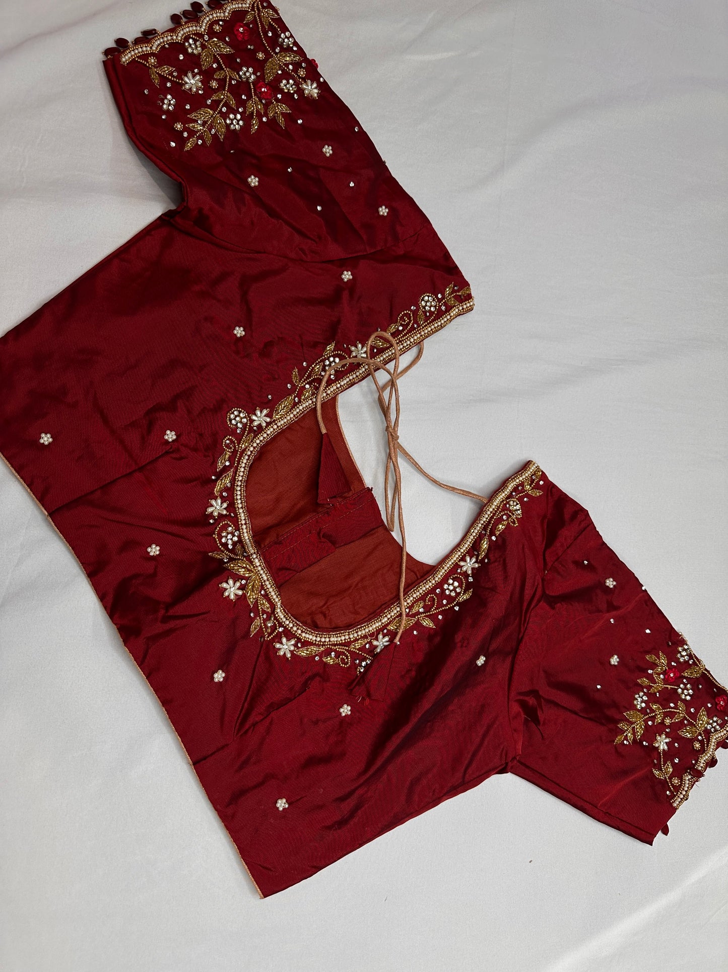 Maroon Red Kardana Pearls Maggam Blouse