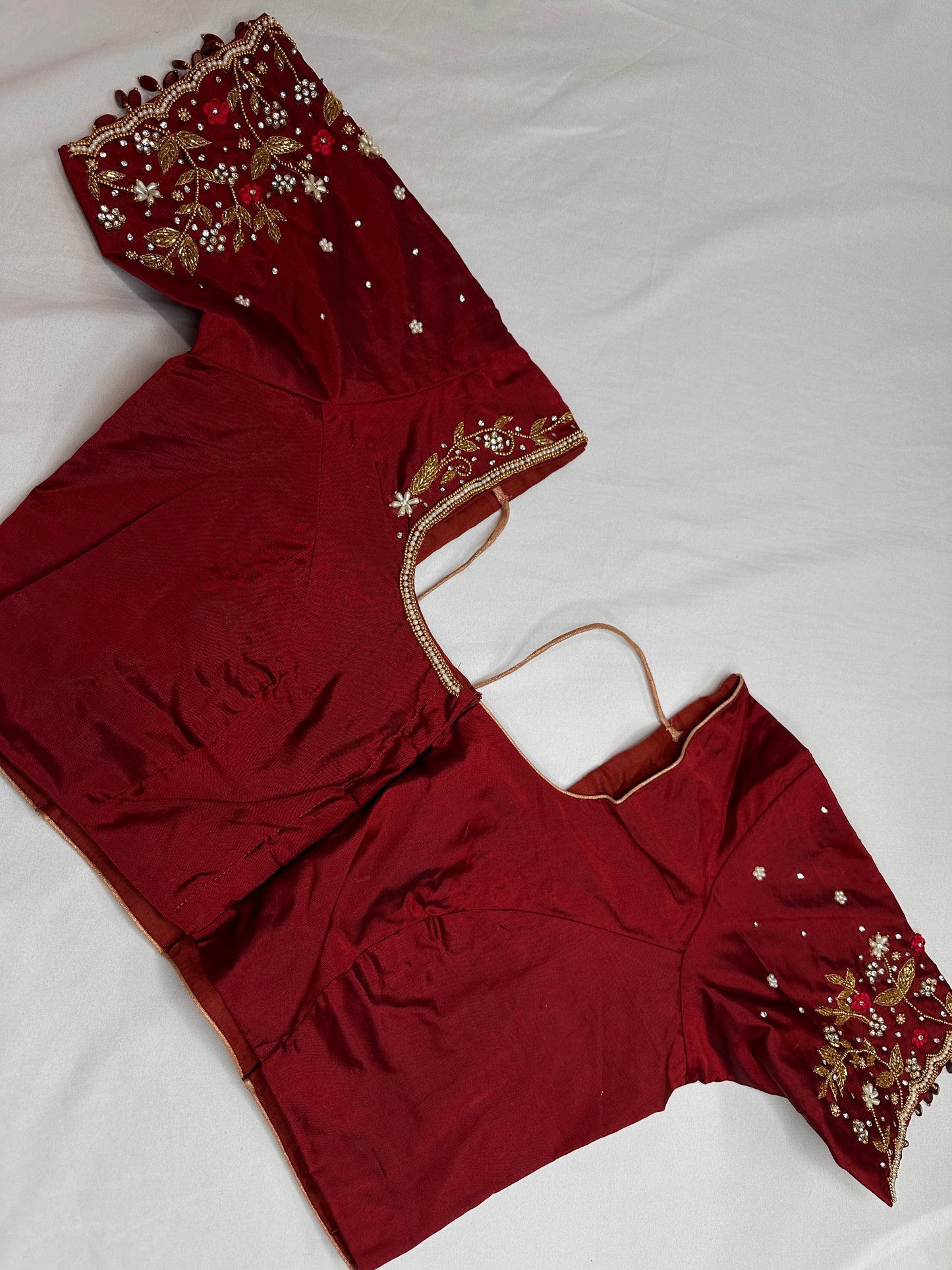 Maroon Red Kardana Pearls Maggam Blouse