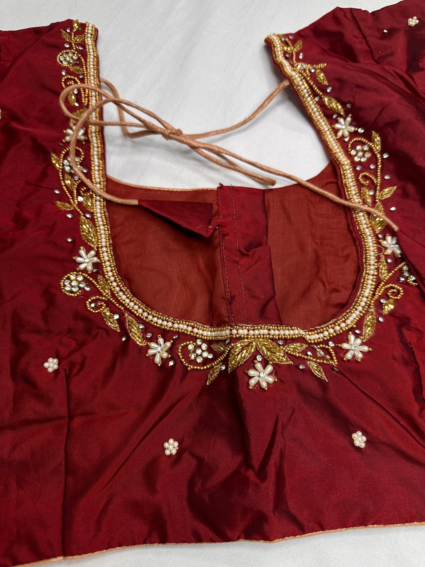 Maroon Red Kardana Pearls Maggam Blouse