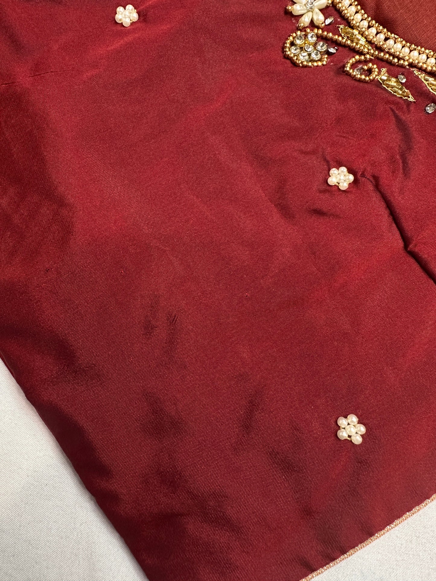 Maroon Red Kardana Pearls Maggam Blouse