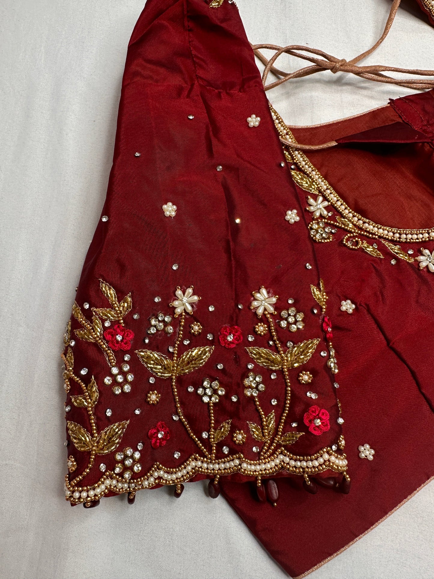 Maroon Red Kardana Pearls Maggam Blouse