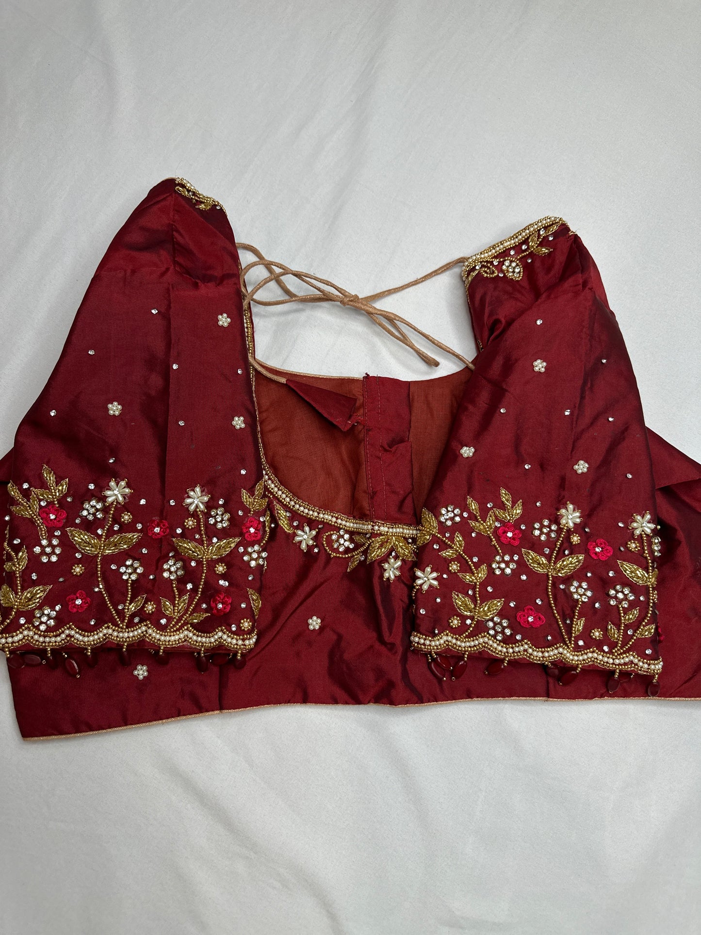 Maroon Red Kardana Pearls Maggam Blouse