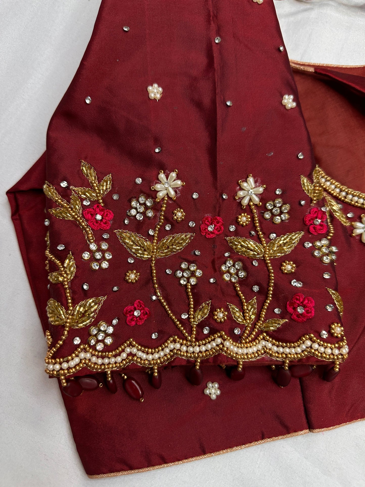 Maroon Red Kardana Pearls Maggam Blouse