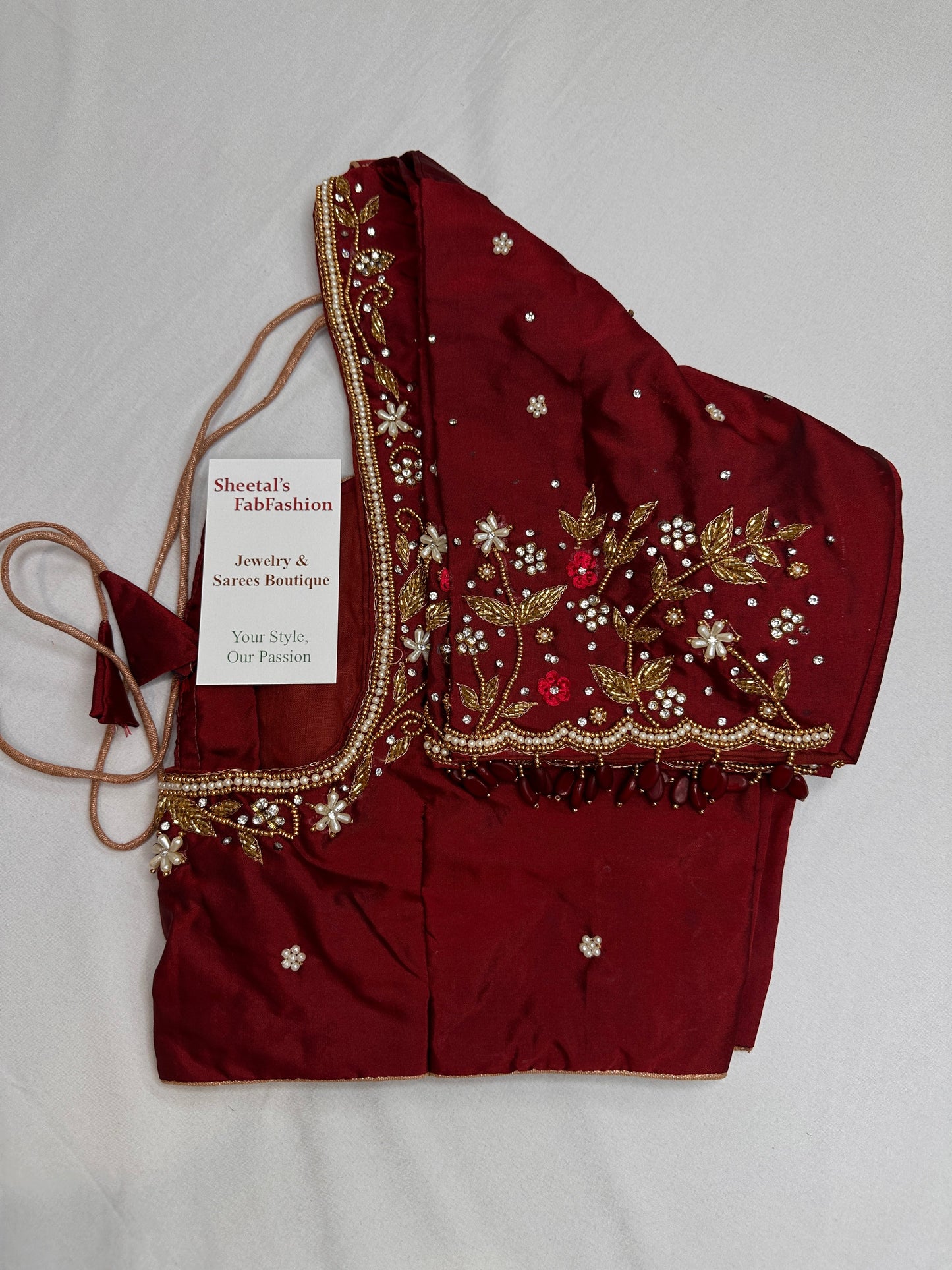 Maroon Red Kardana Pearls Maggam Blouse