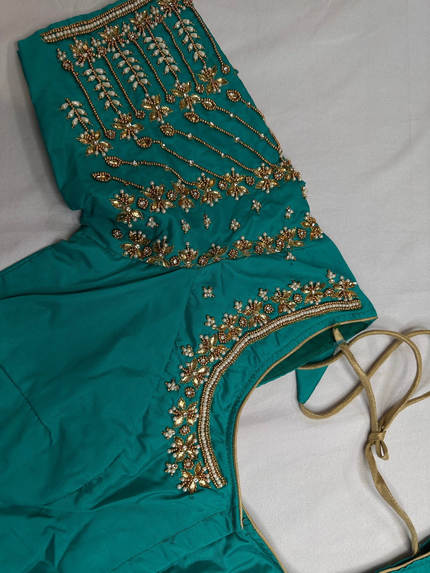 Teal Kardana Pearls Maggam Blouse
