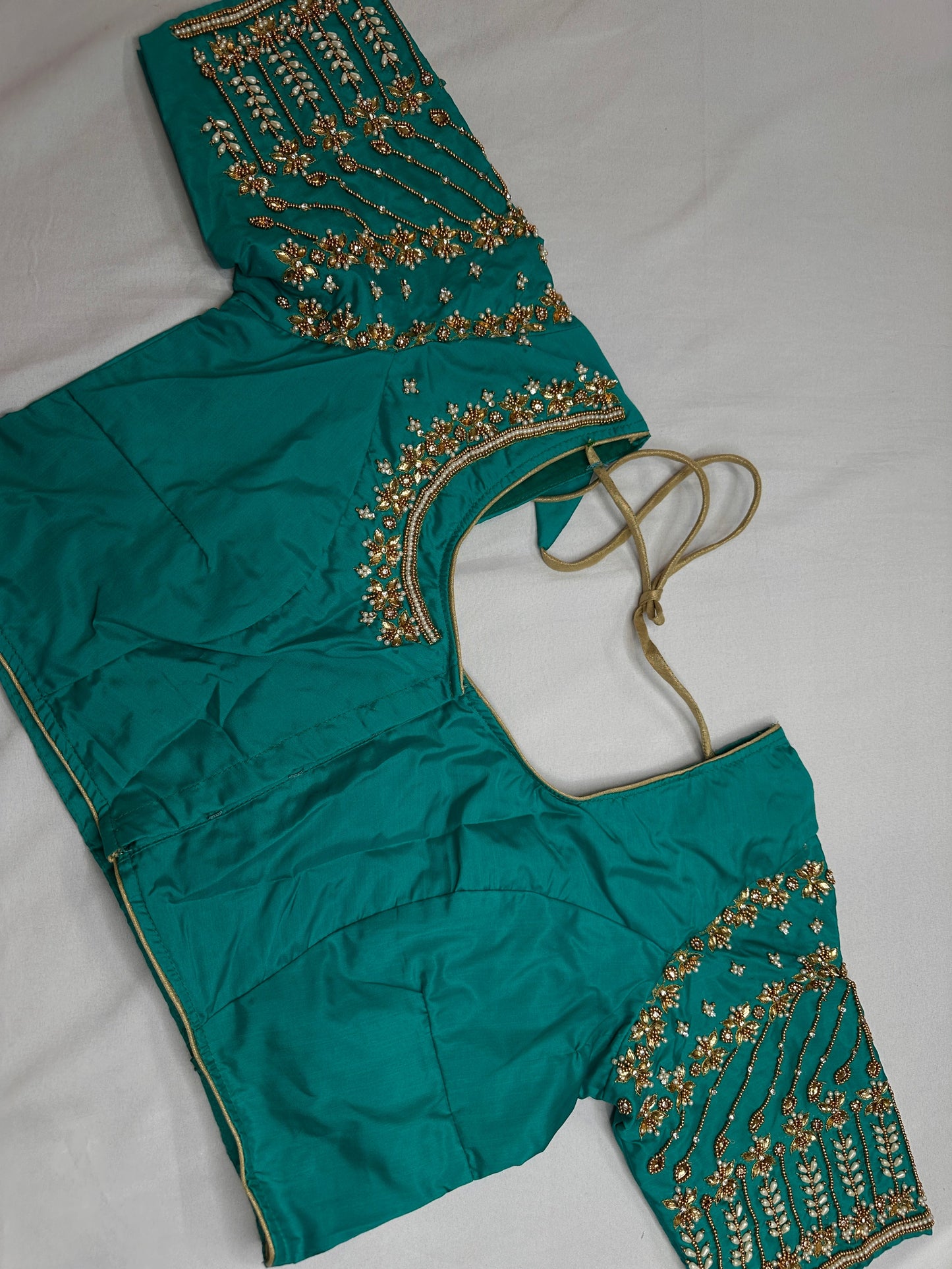 Teal Kardana Pearls Maggam Blouse