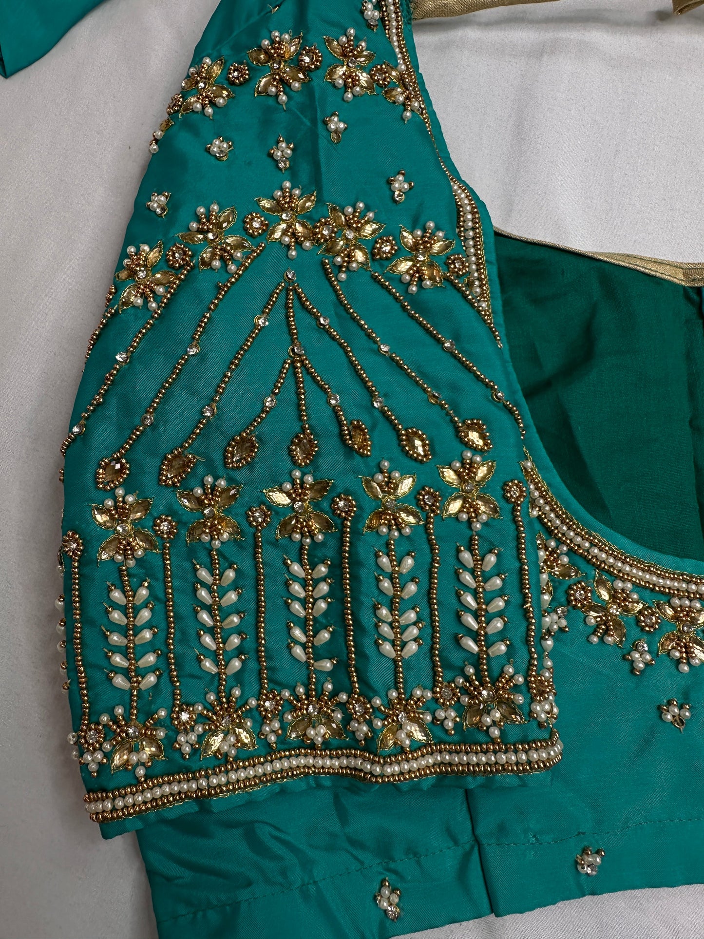 Teal Kardana Pearls Maggam Blouse
