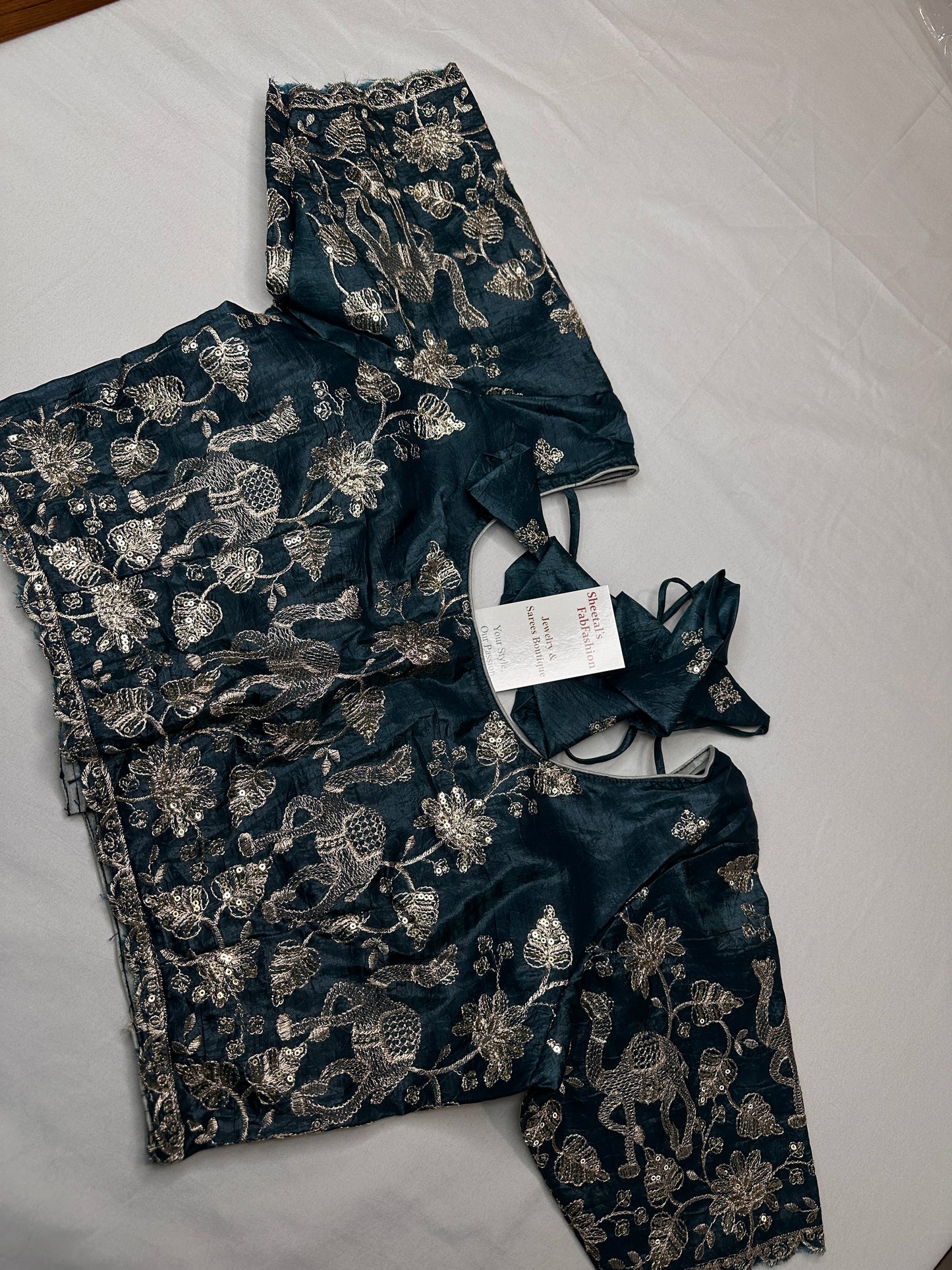 Teal Green Embroidery Chennon Silk Blouse