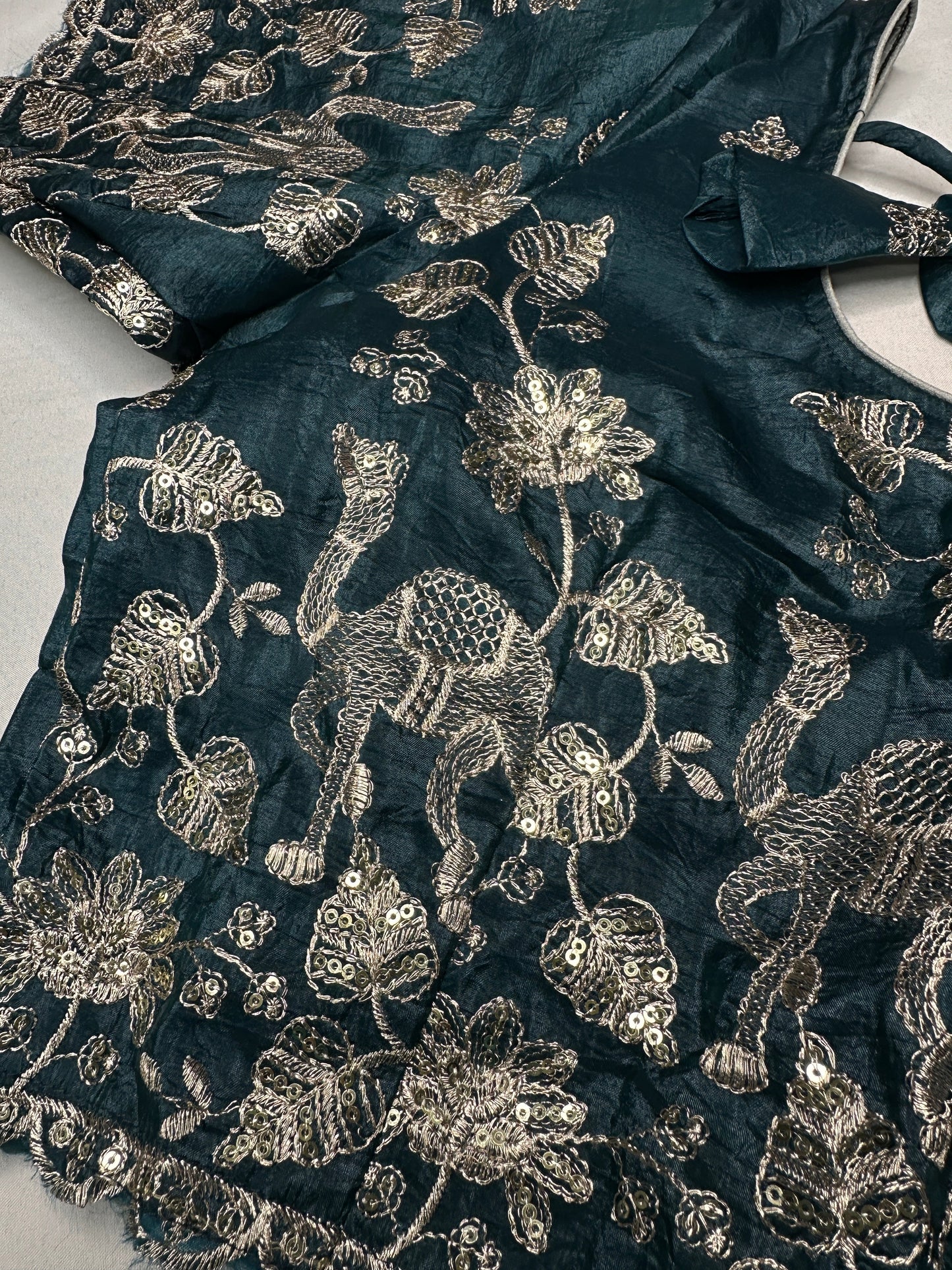 Teal Green Embroidery Chennon Silk Blouse