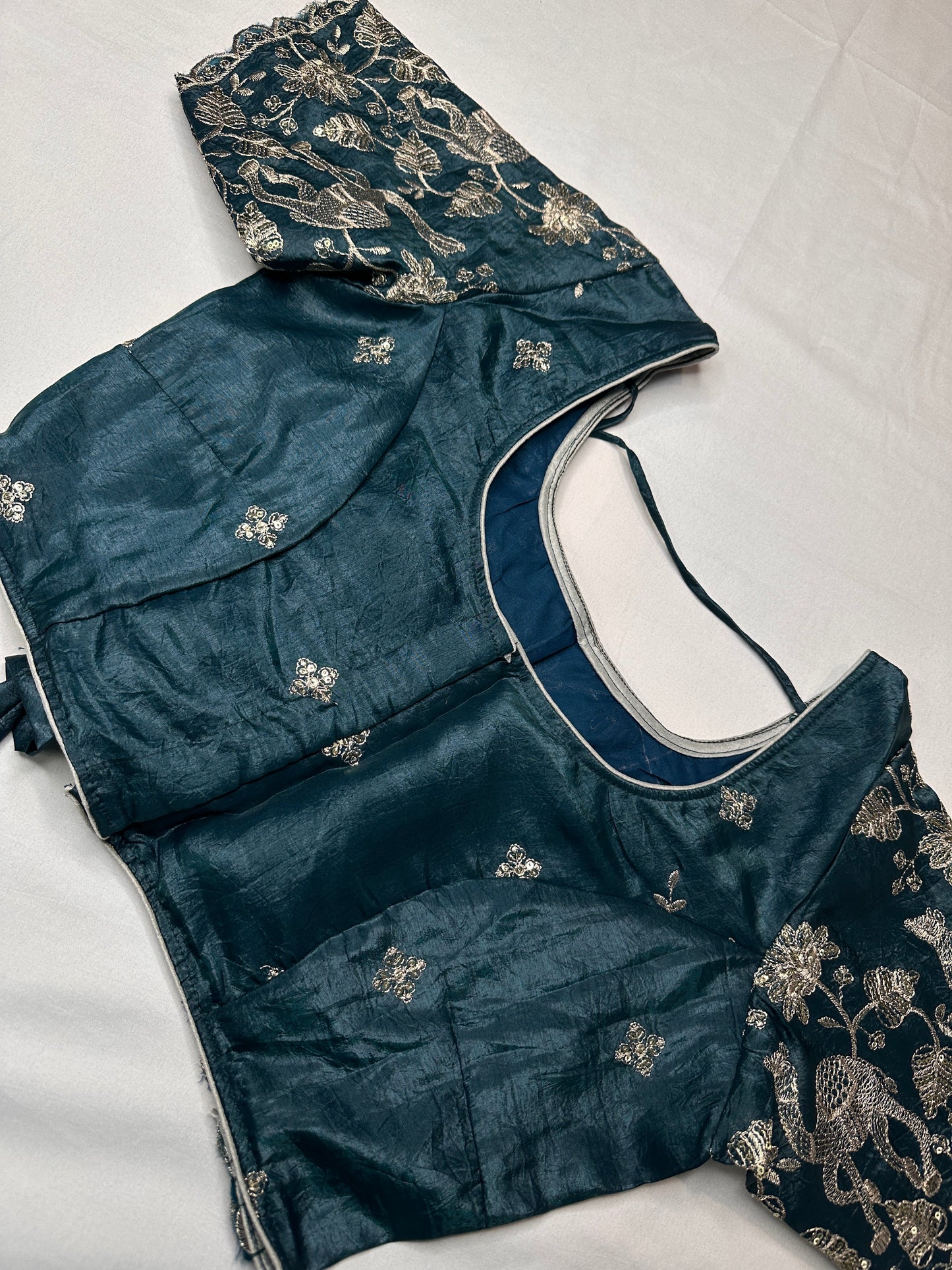 Teal Green Embroidery Chennon Silk Blouse