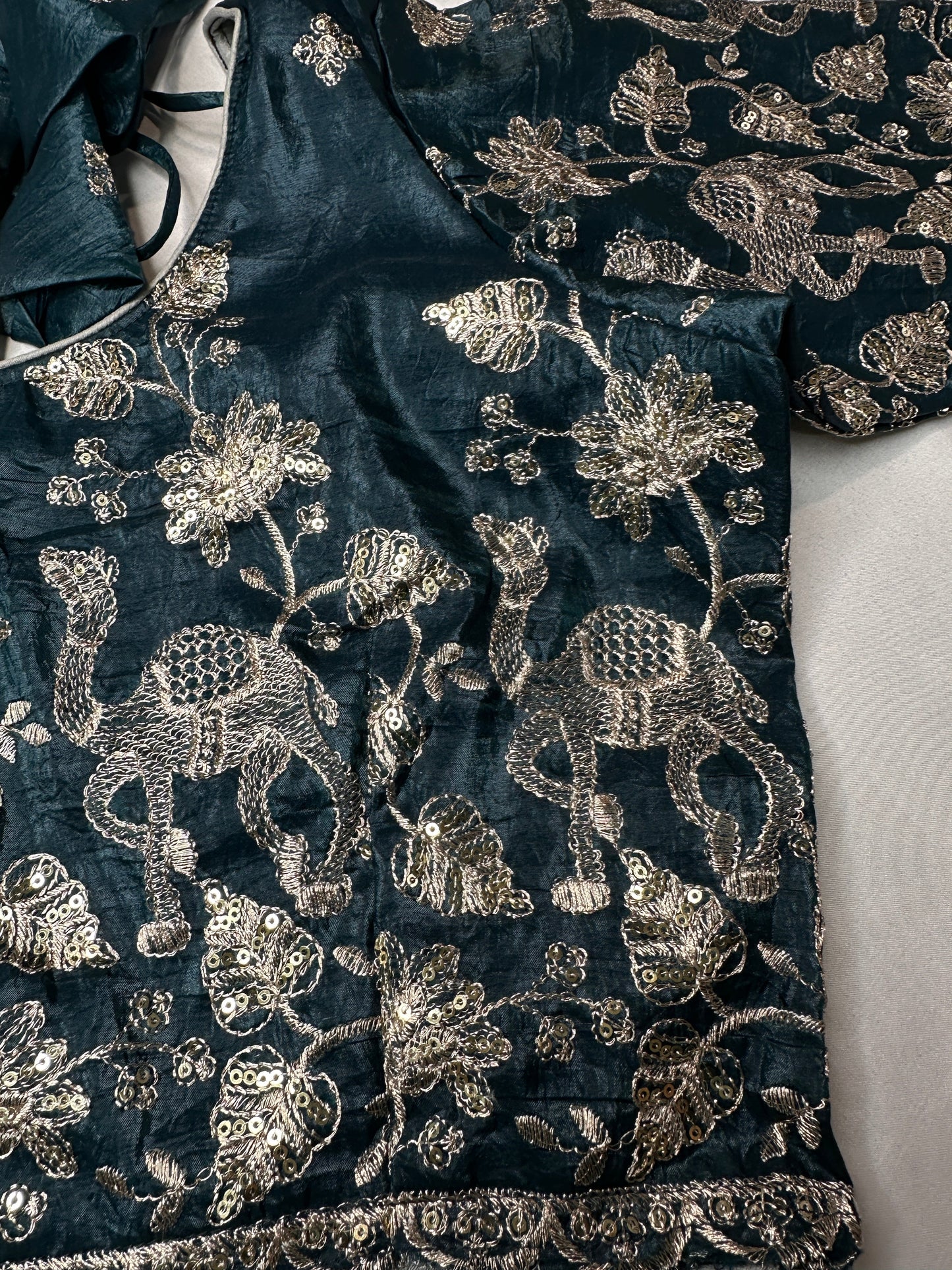 Teal Green Embroidery Chennon Silk Blouse