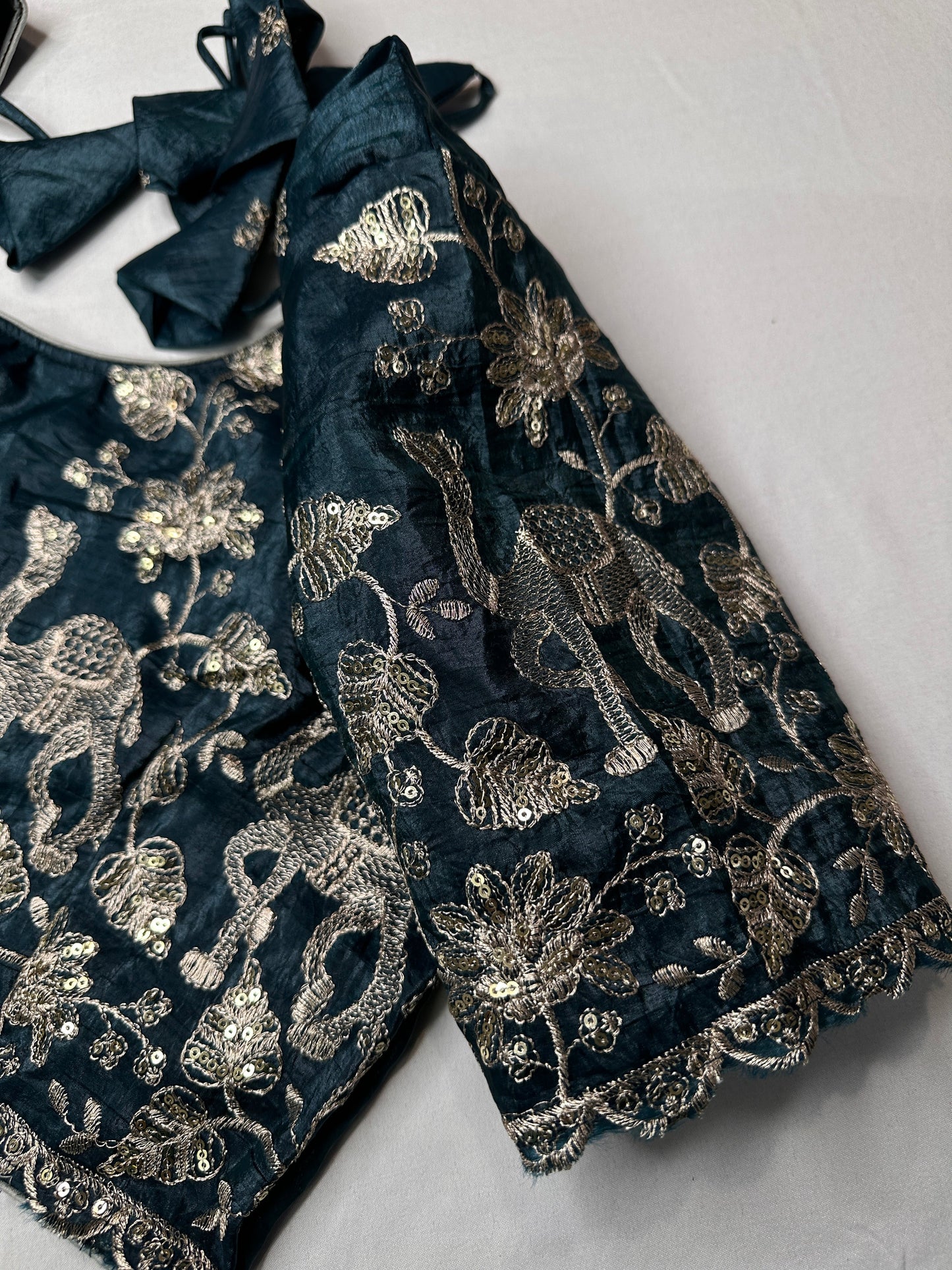 Teal Green Embroidery Chennon Silk Blouse