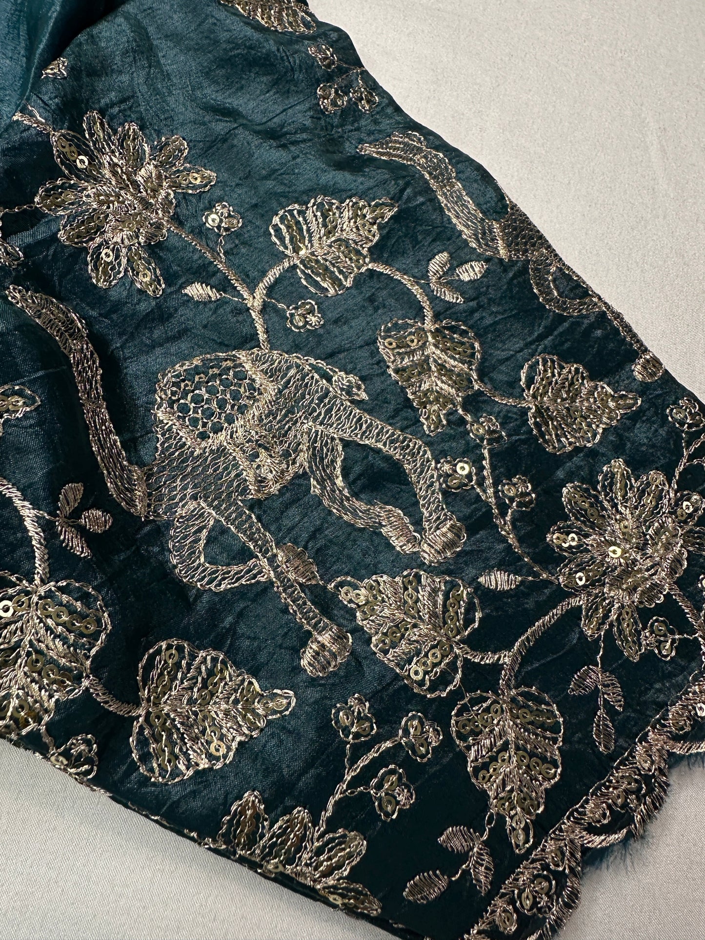 Teal Green Embroidery Chennon Silk Blouse