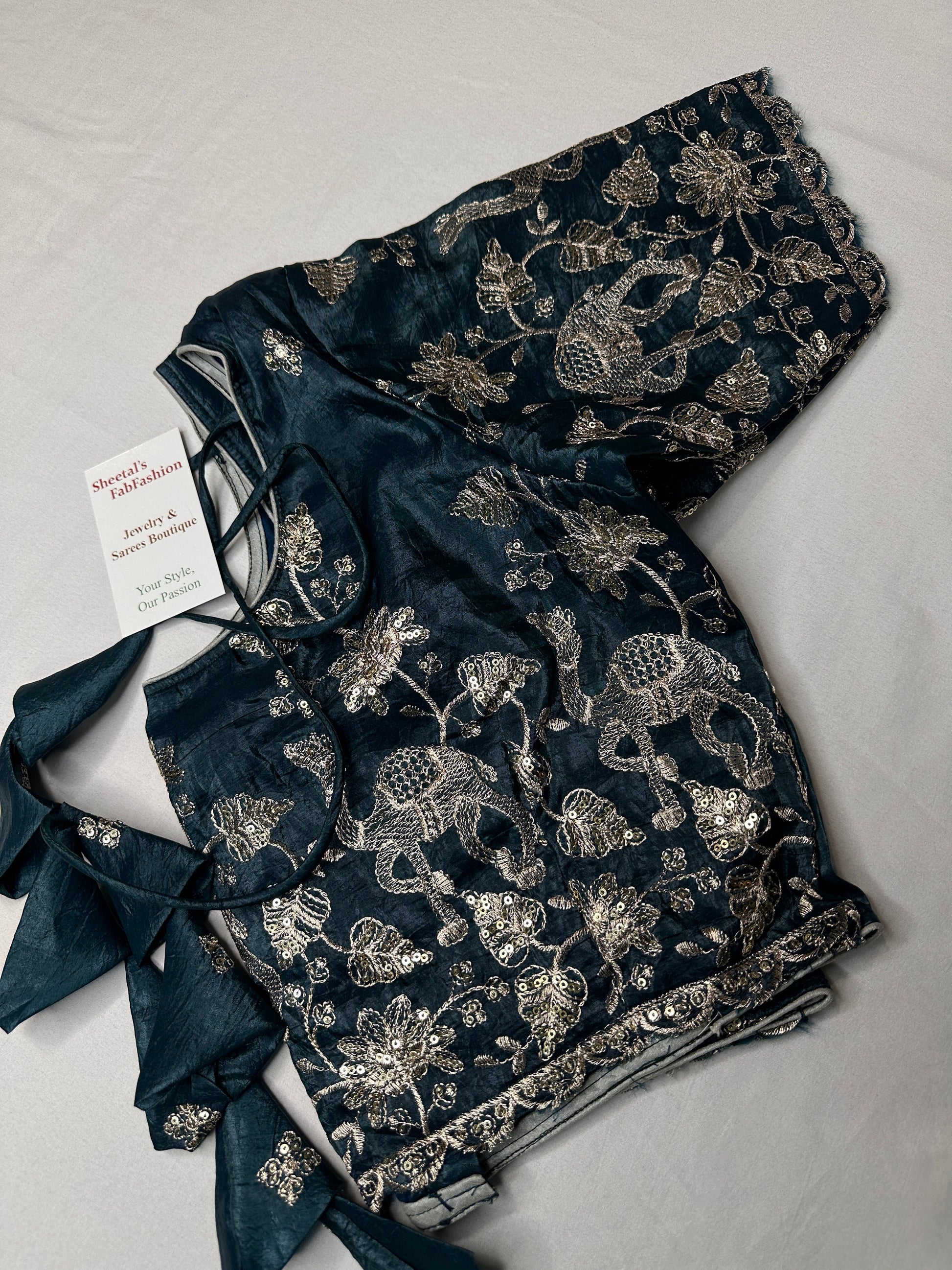 Teal Green Embroidery Chennon Silk Blouse