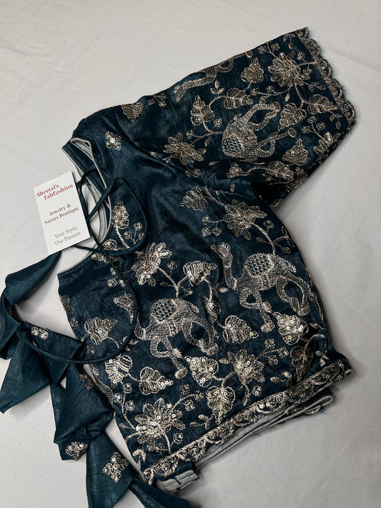 Teal Green Embroidery Chennon Silk Blouse