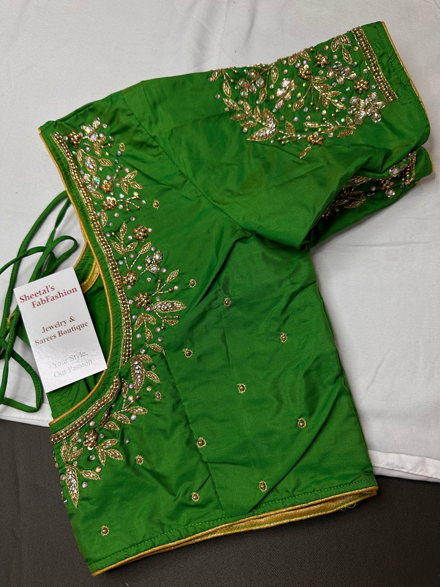 Pearl Maggam Green Blouse