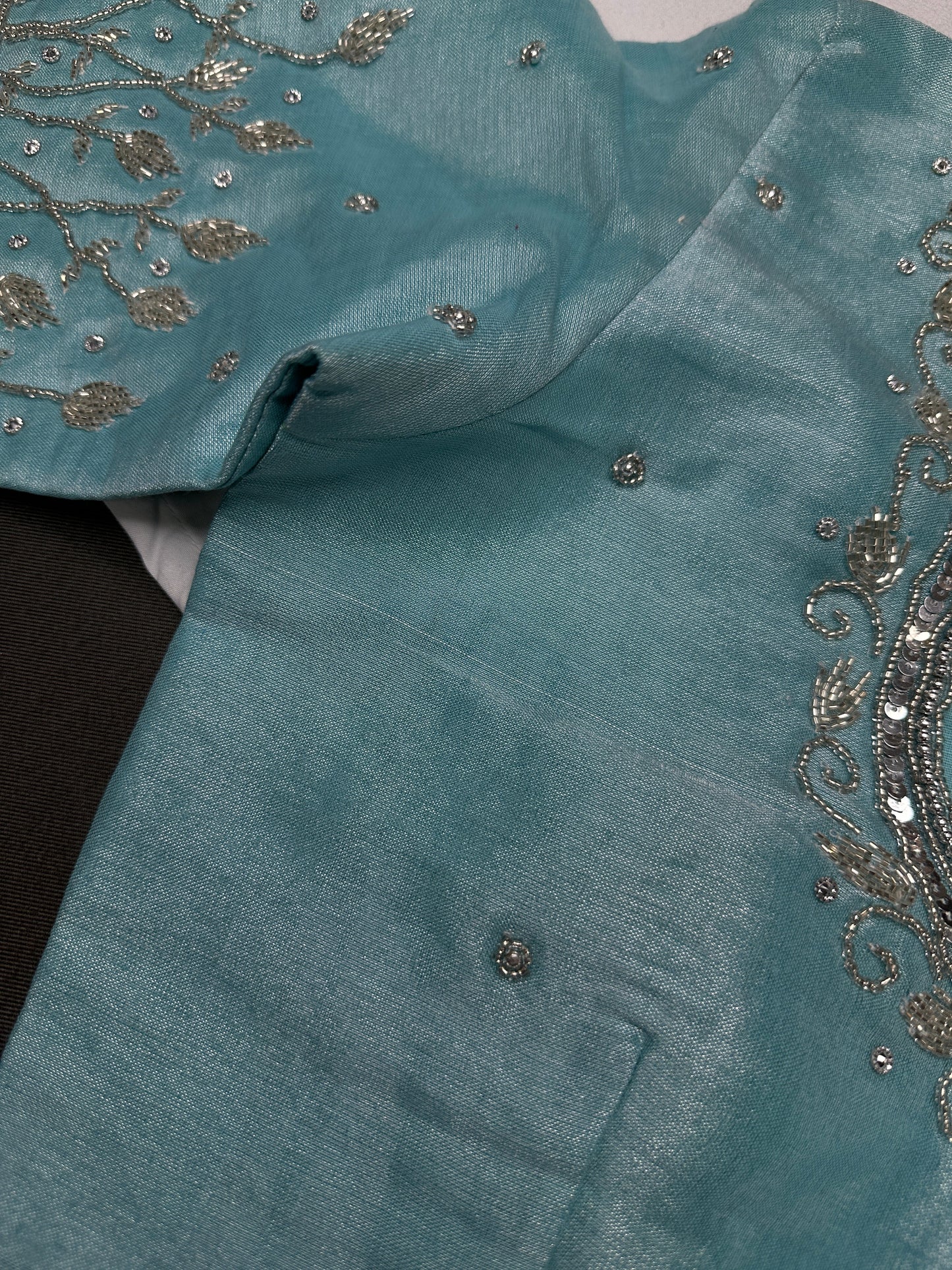 Blue Tissue Silk Silver Kardana Maggam Blouse