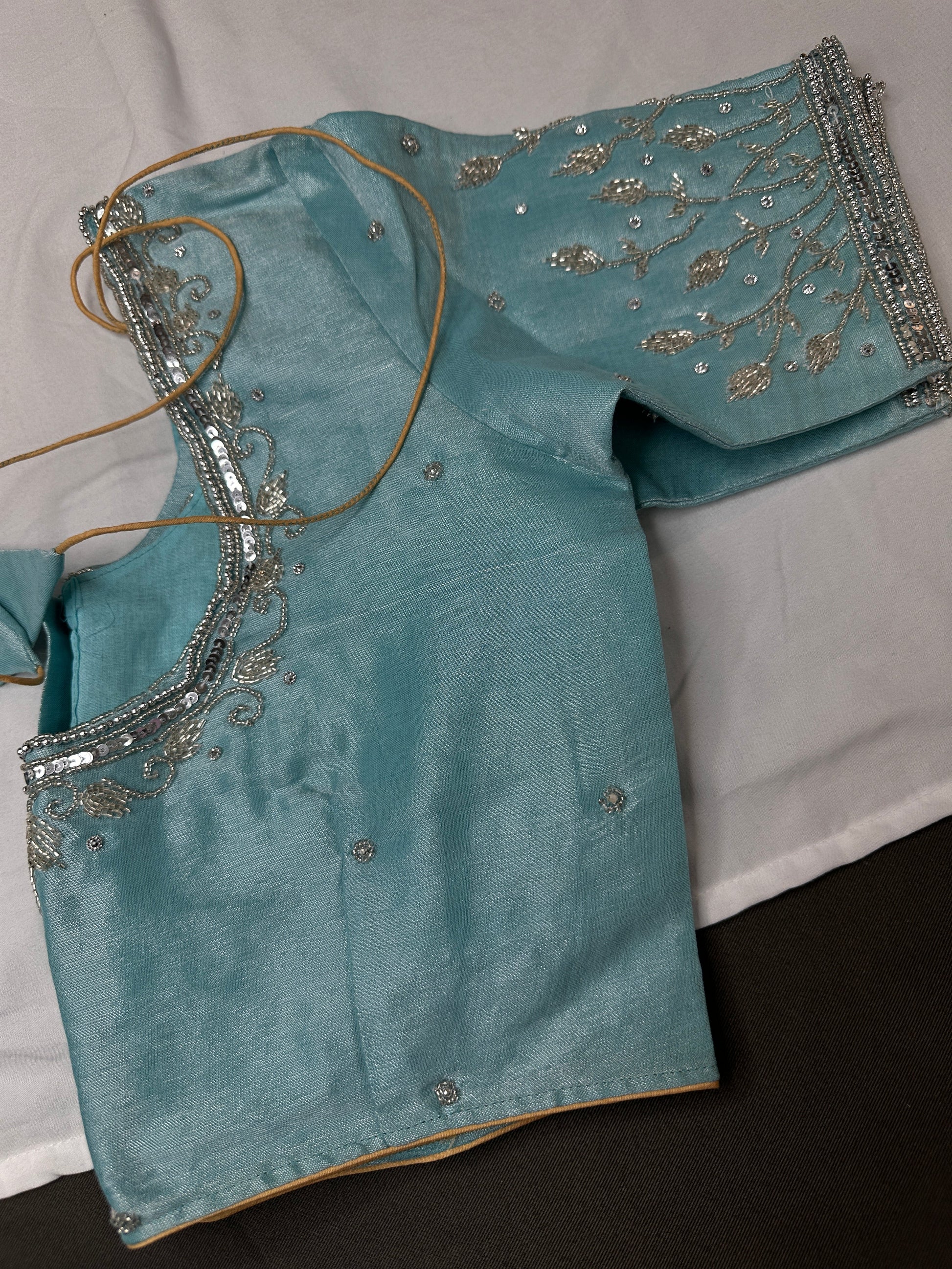 Blue Tissue Silk Silver Kardana Maggam Blouse