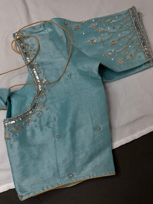 Blue Tissue Silk Silver Kardana Maggam Blouse