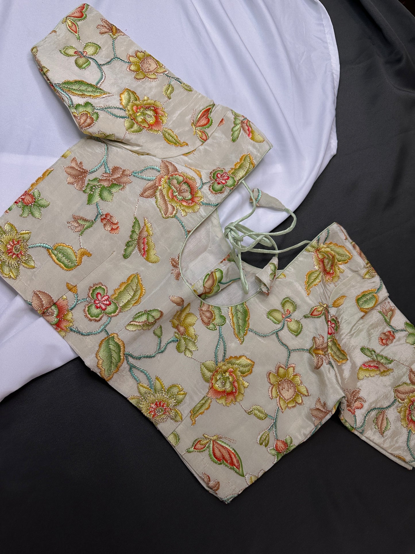 Cream Floral Green Embroidery Sequence Silk Blouse