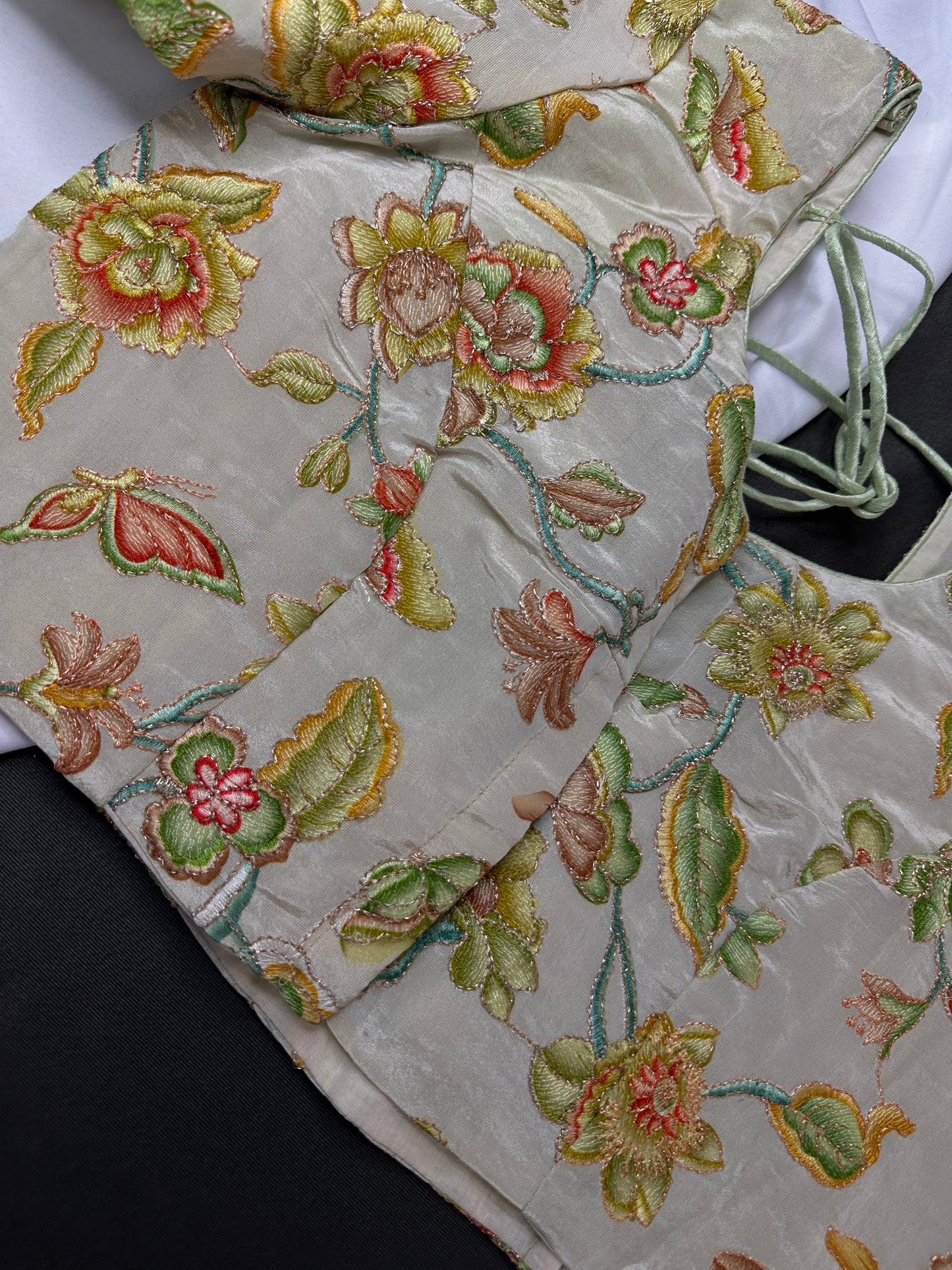 Cream Floral Green Embroidery Sequence Silk Blouse