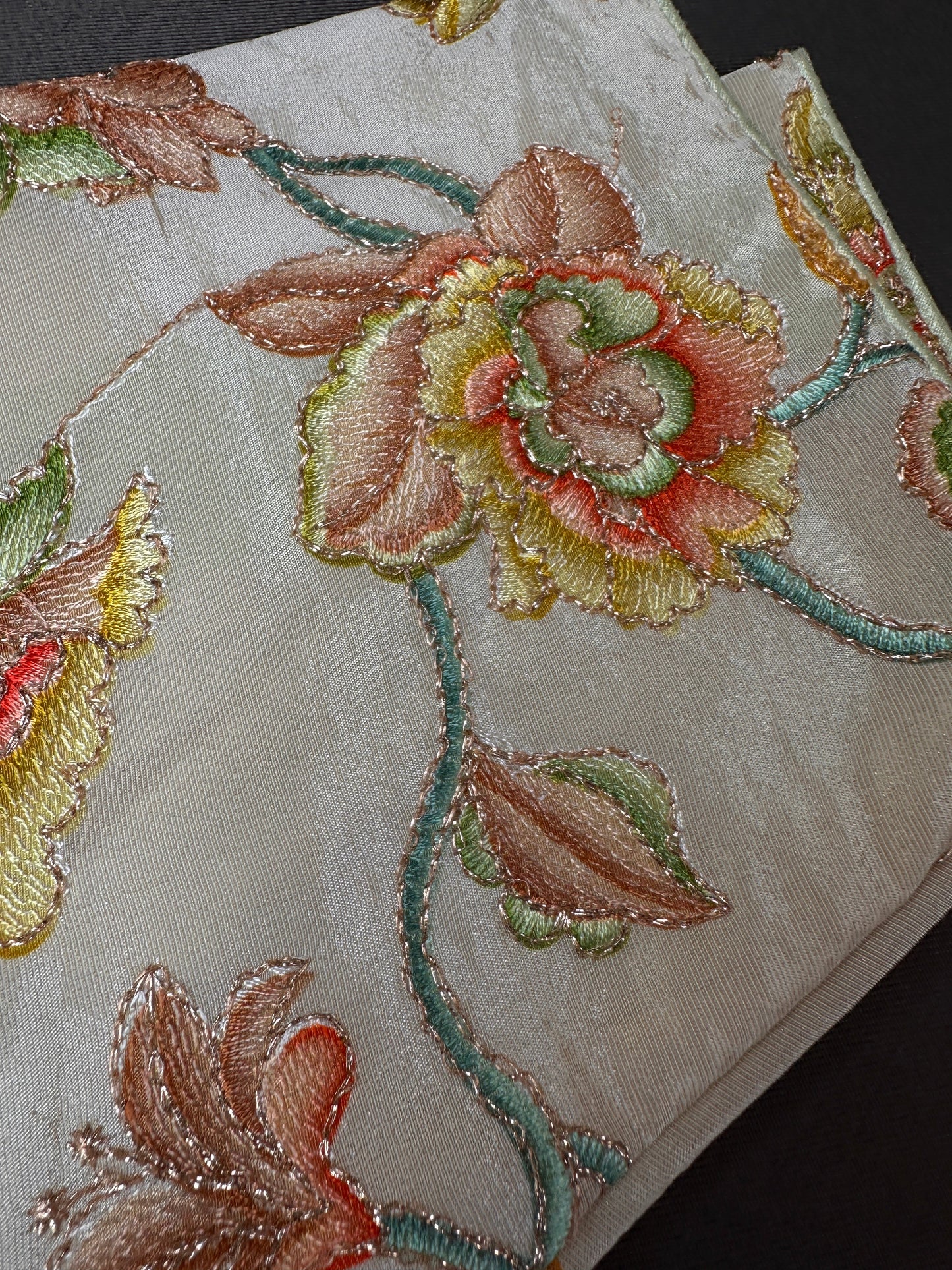 Cream Floral Green Embroidery Sequence Silk Blouse