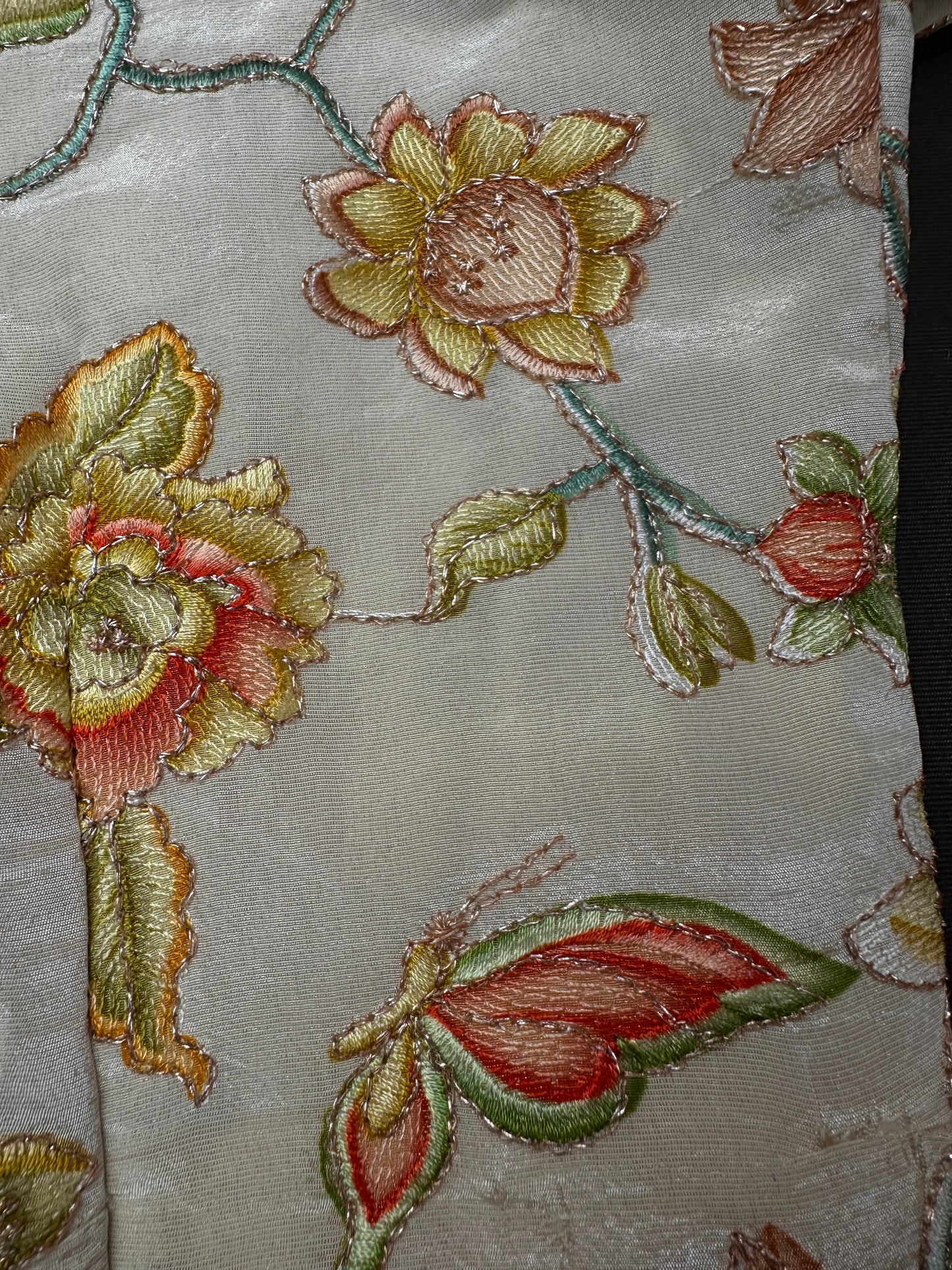 Cream Floral Green Embroidery Sequence Silk Blouse