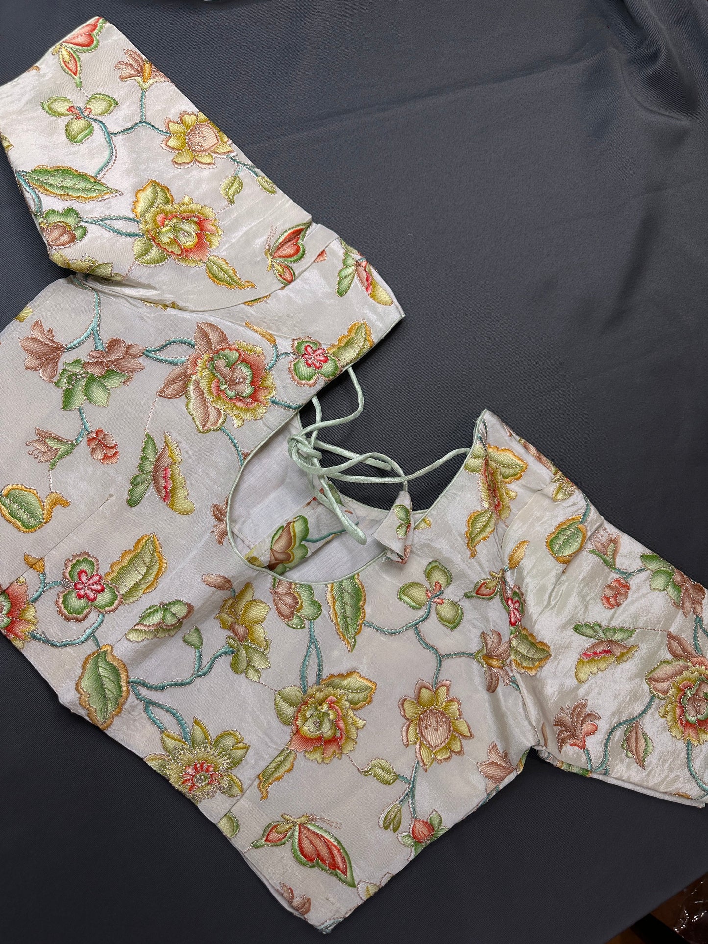 Cream Floral Green Embroidery Sequence Silk Blouse