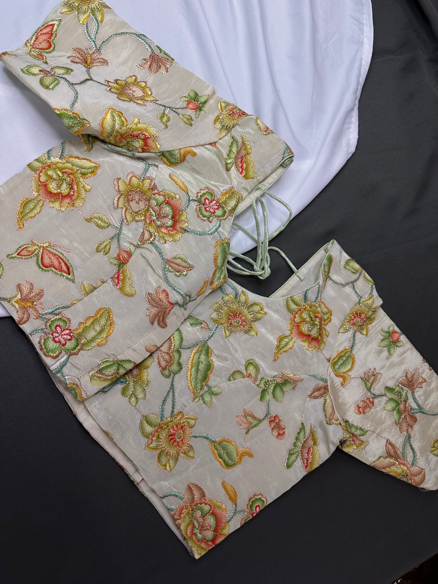 Cream Floral Green Embroidery Sequence Silk Blouse