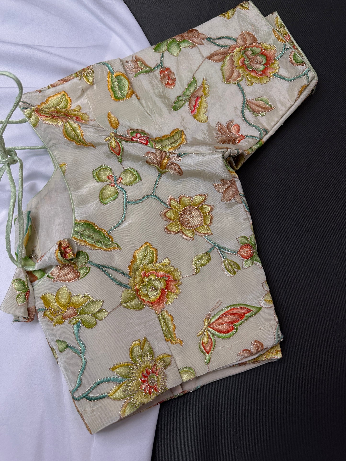 Cream Floral Green Embroidery Sequence Silk Blouse