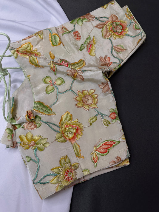 Cream Floral Green Embroidery Sequence Silk Blouse
