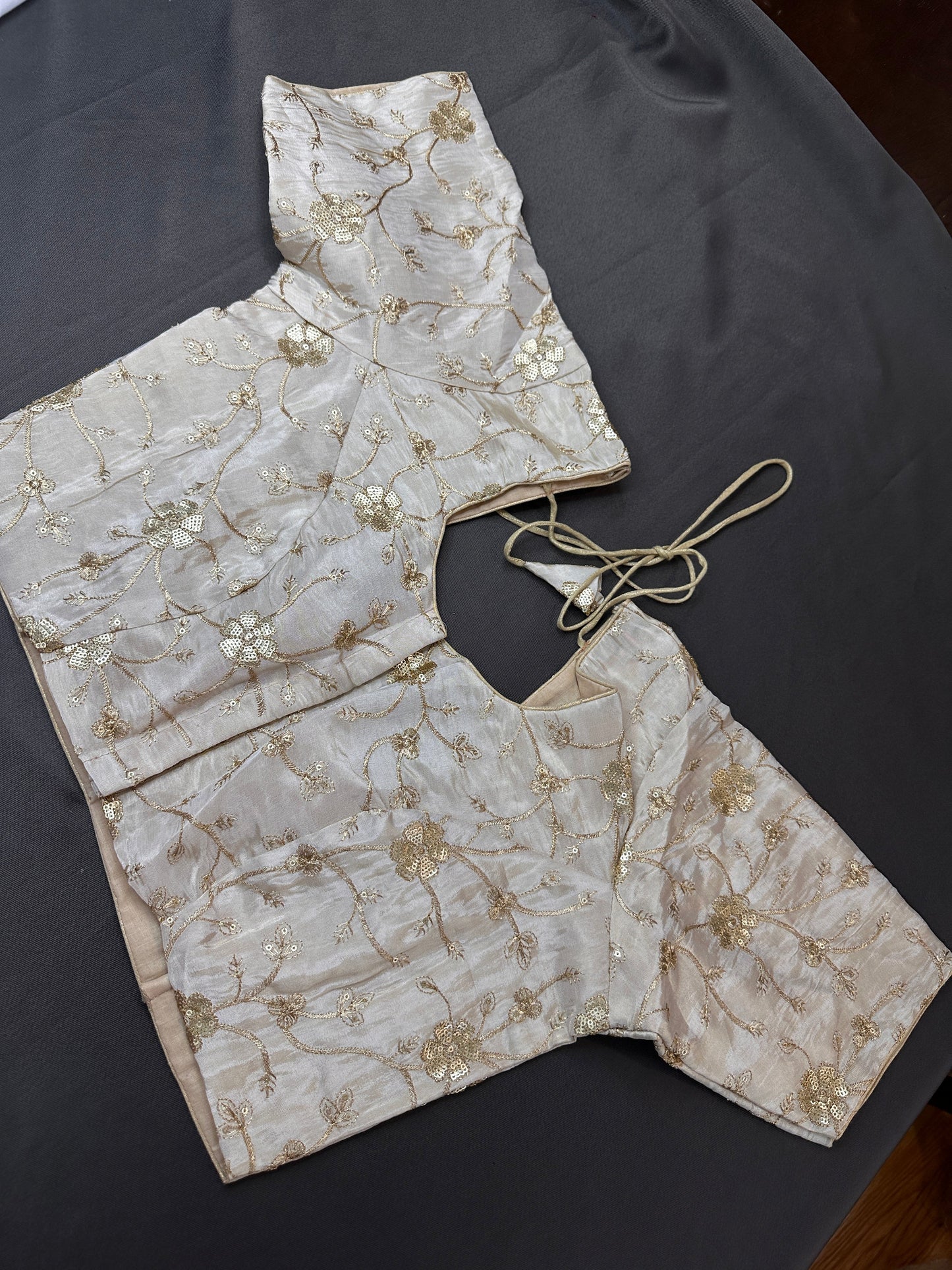 Beige Gold Sequence Embroidery Silk Blouse