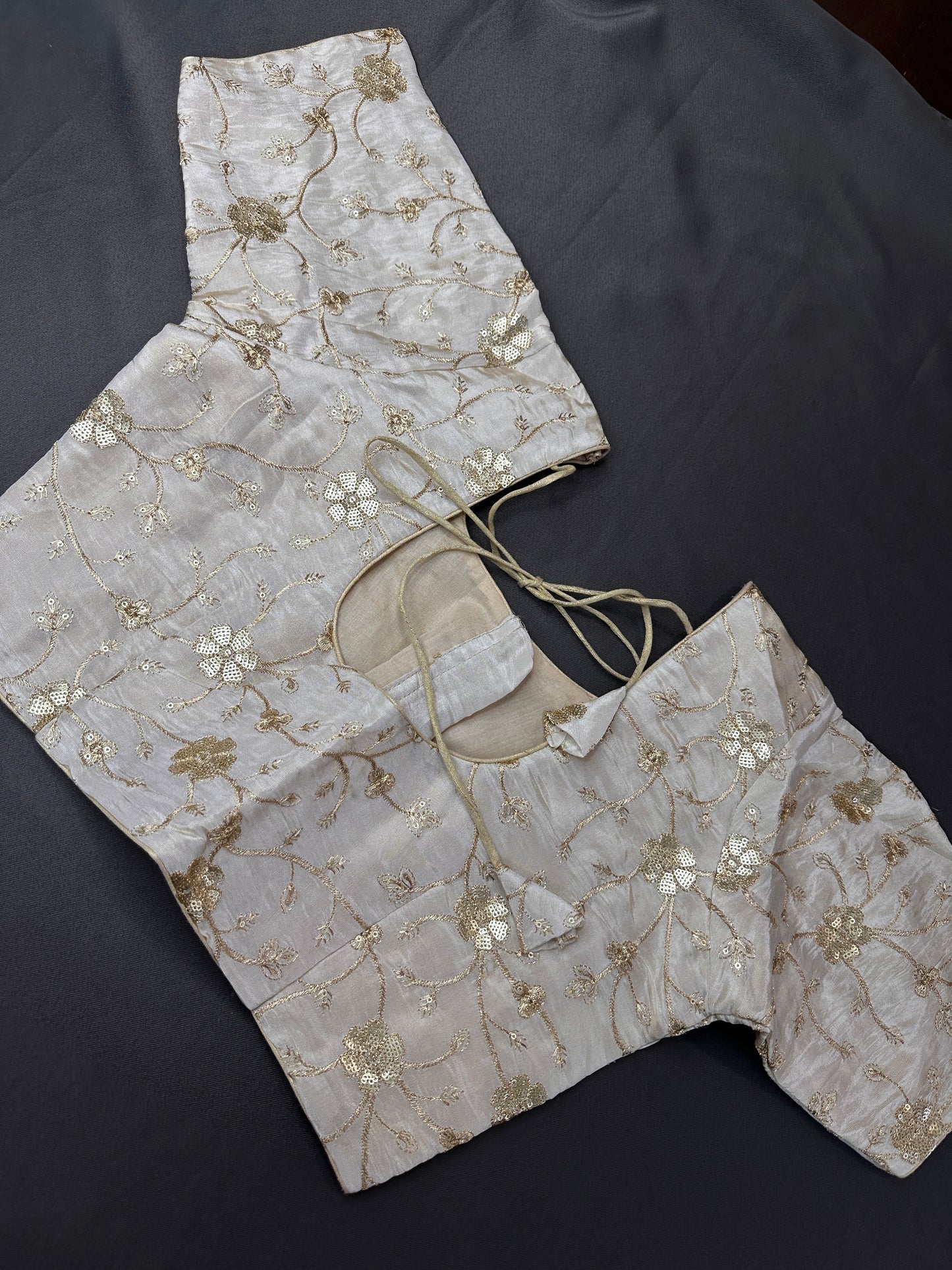 Beige Gold Sequence Embroidery Silk Blouse