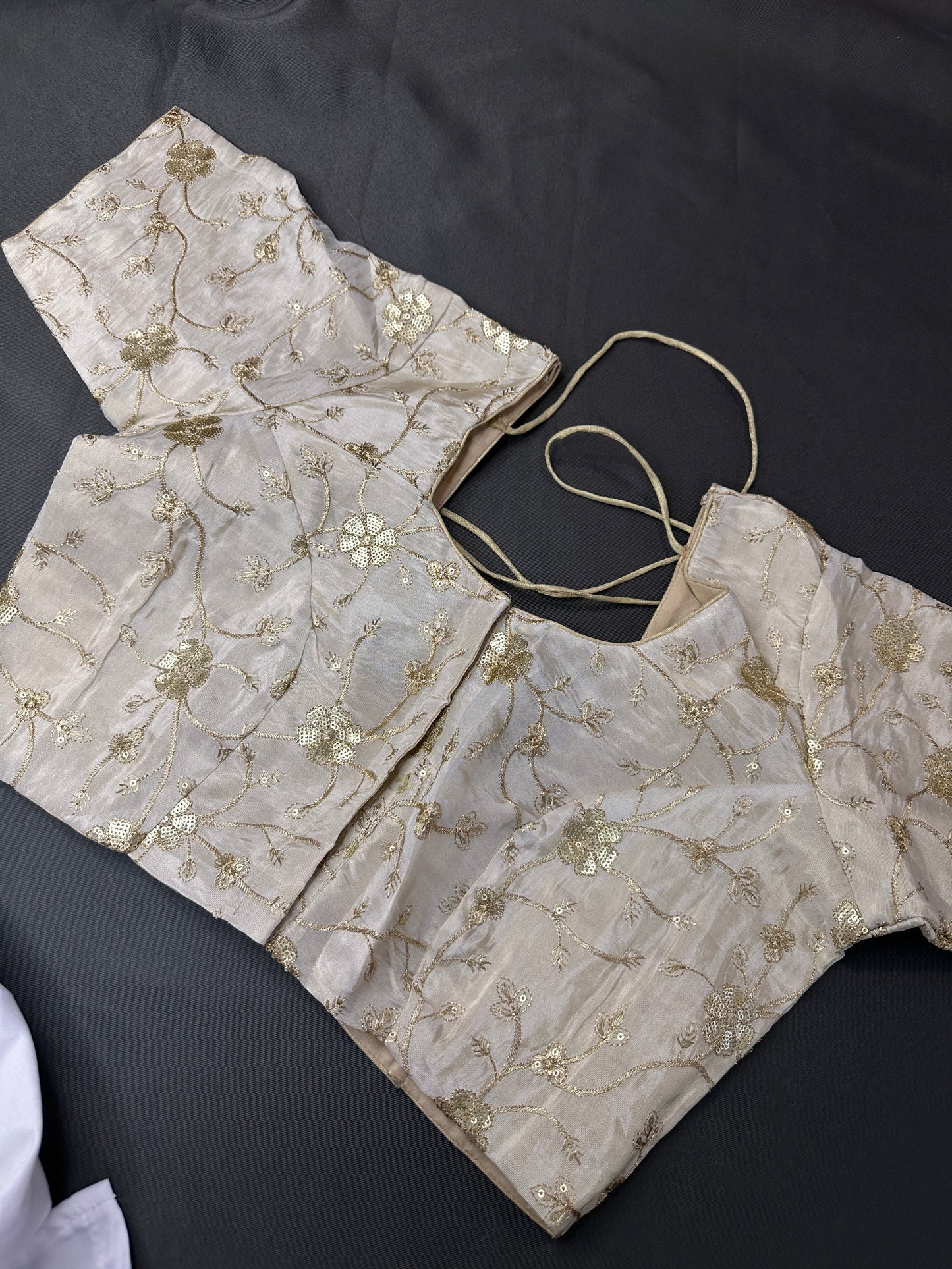 Beige Gold Sequence Embroidery Silk Blouse