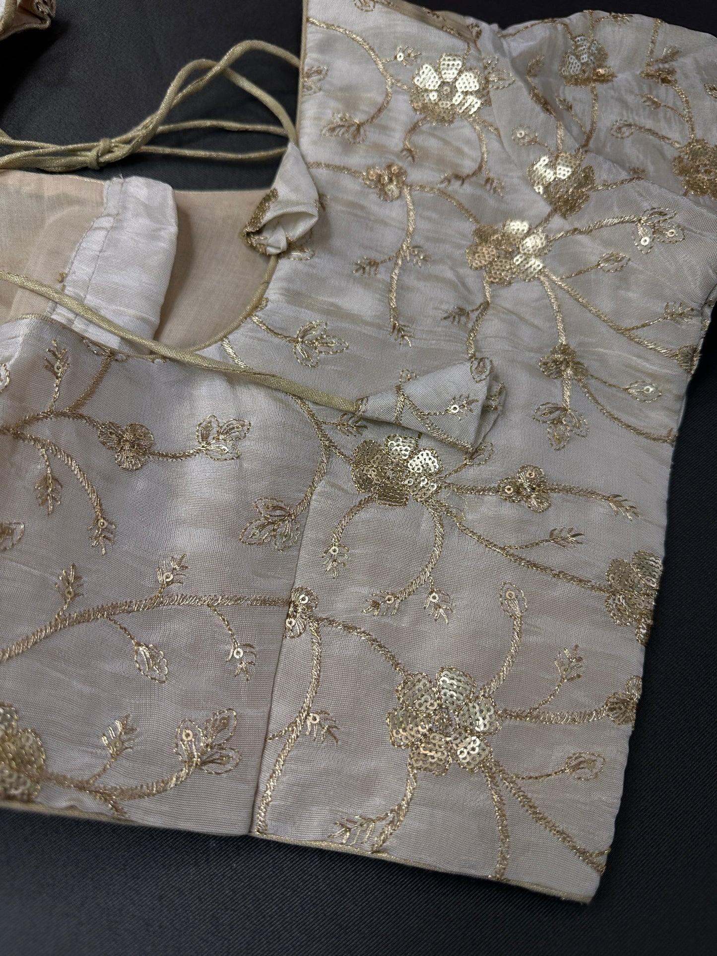 Beige Gold Sequence Embroidery Silk Blouse