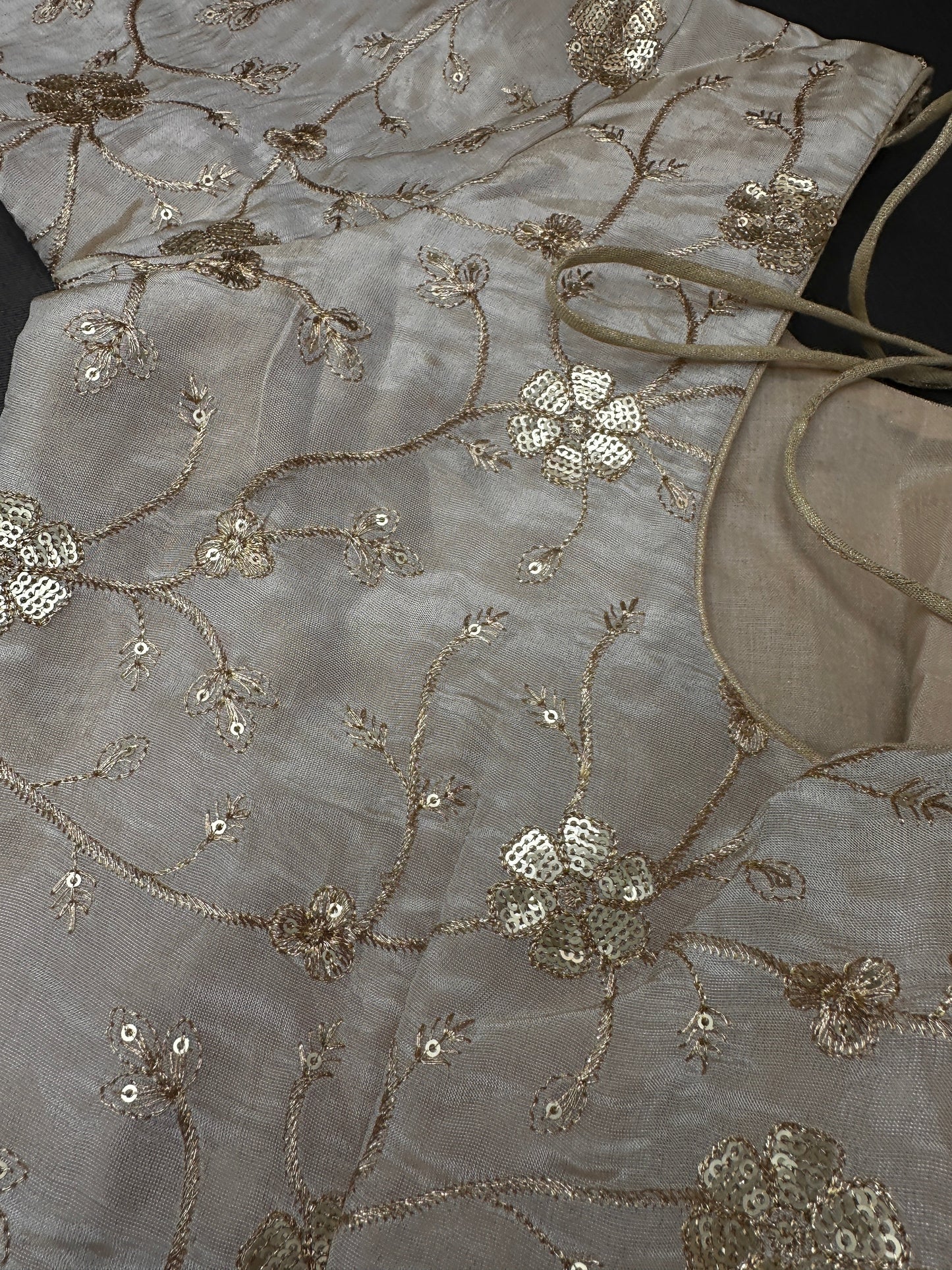 Beige Gold Sequence Embroidery Silk Blouse