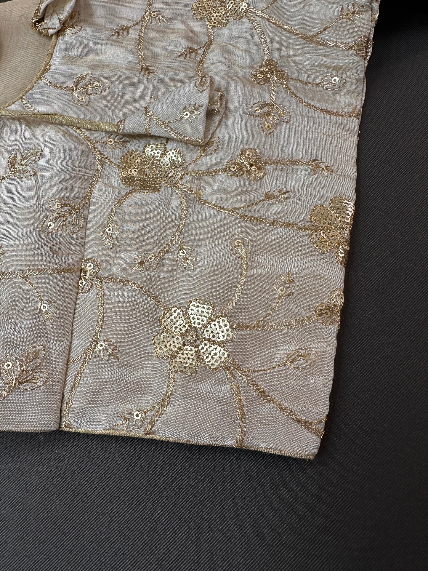 Beige Gold Sequence Embroidery Silk Blouse