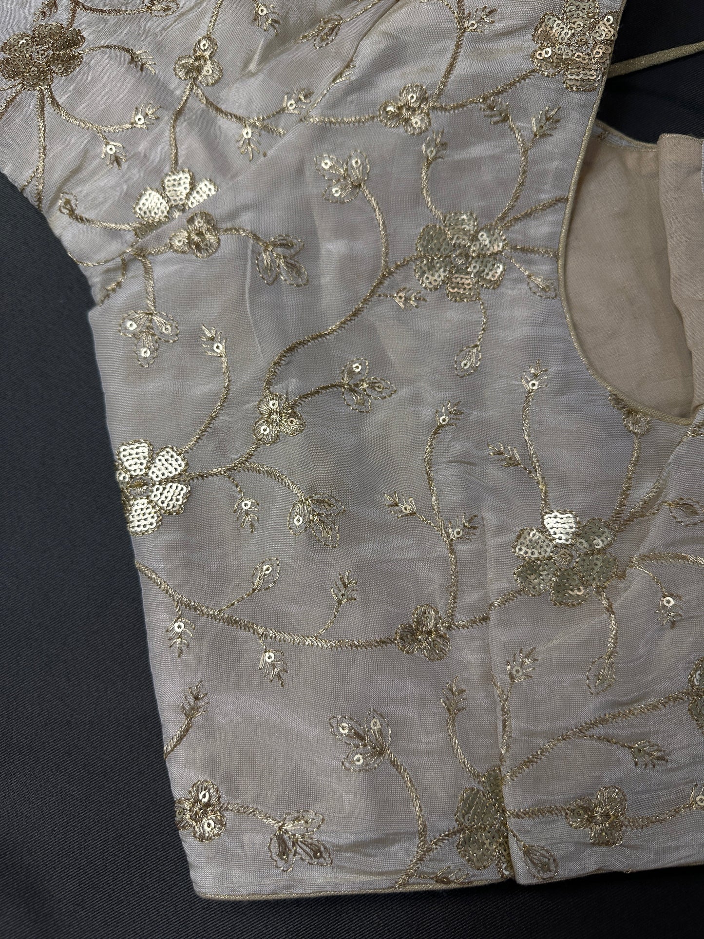 Beige Gold Sequence Embroidery Silk Blouse