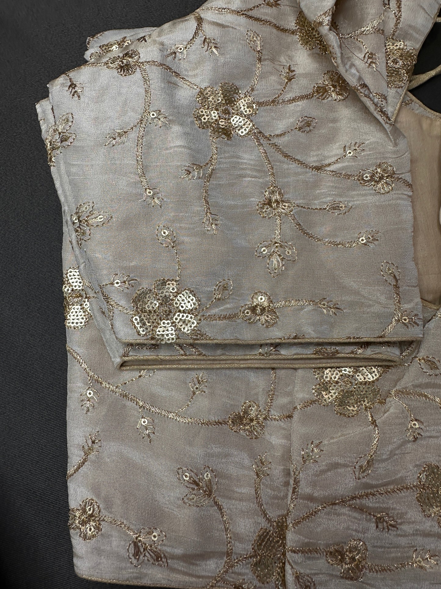 Beige Gold Sequence Embroidery Silk Blouse