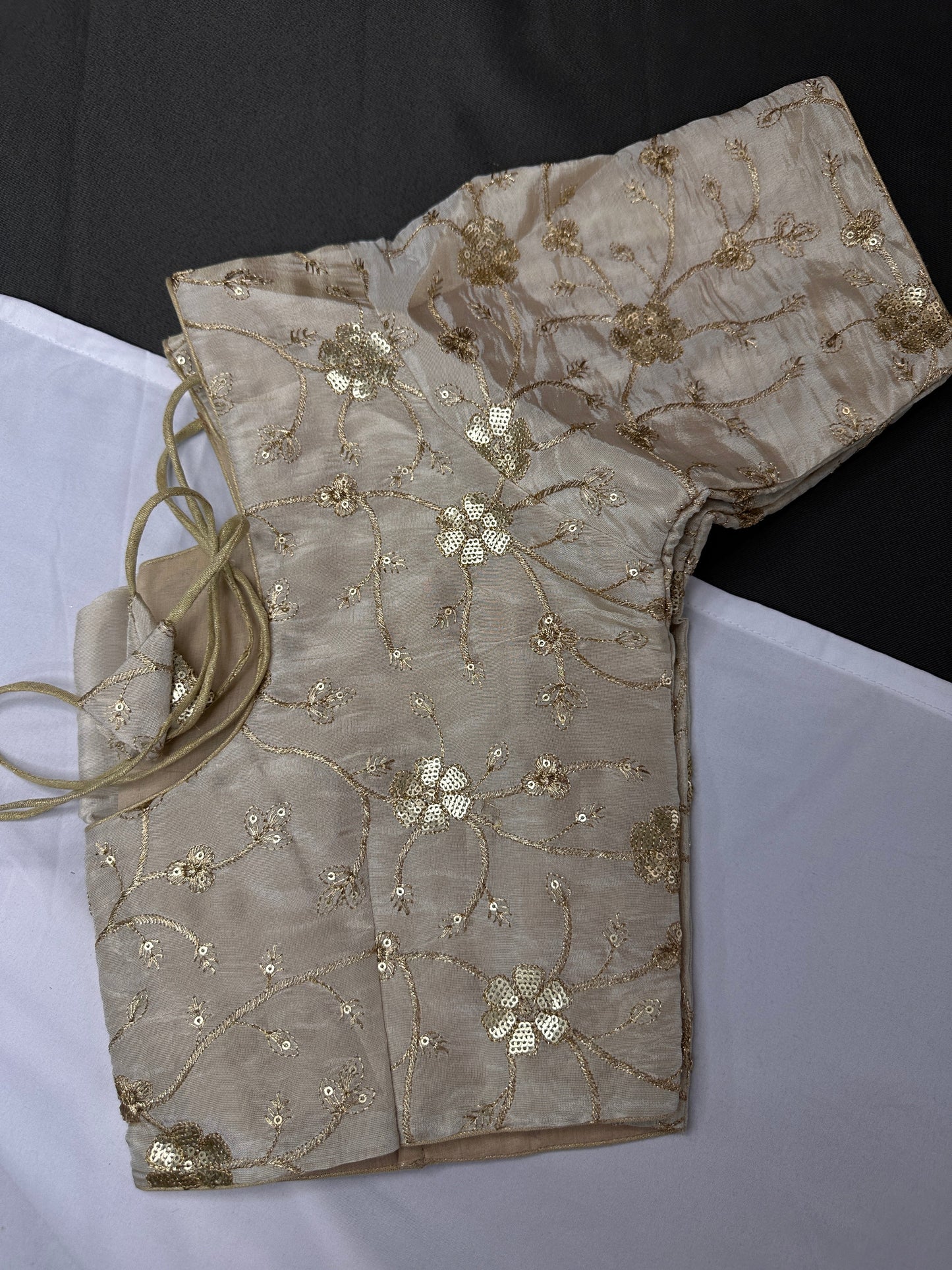 Beige Gold Sequence Embroidery Silk Blouse