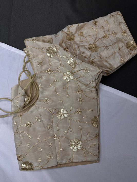 Beige Gold Sequence Embroidery Silk Blouse